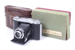 An Ensign Selfix 12-20 6x6 medium format folding camera. With a Ross London 75mm f3.