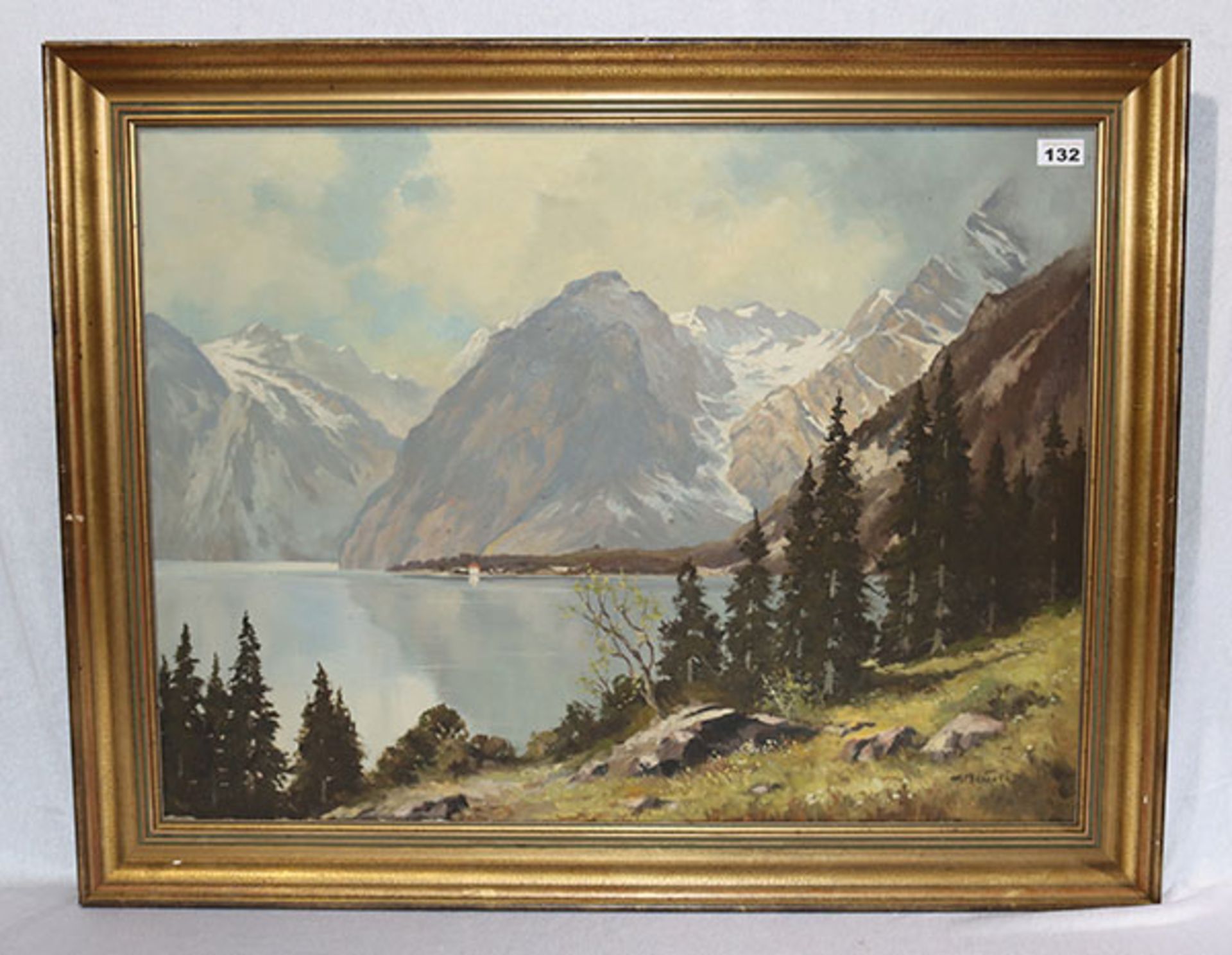 Gemälde ÖL/LW 'Hochgebirgs-Szenerie mit See', undeutlich signiert, gerahmt, Rahmen beschädigt, incl.