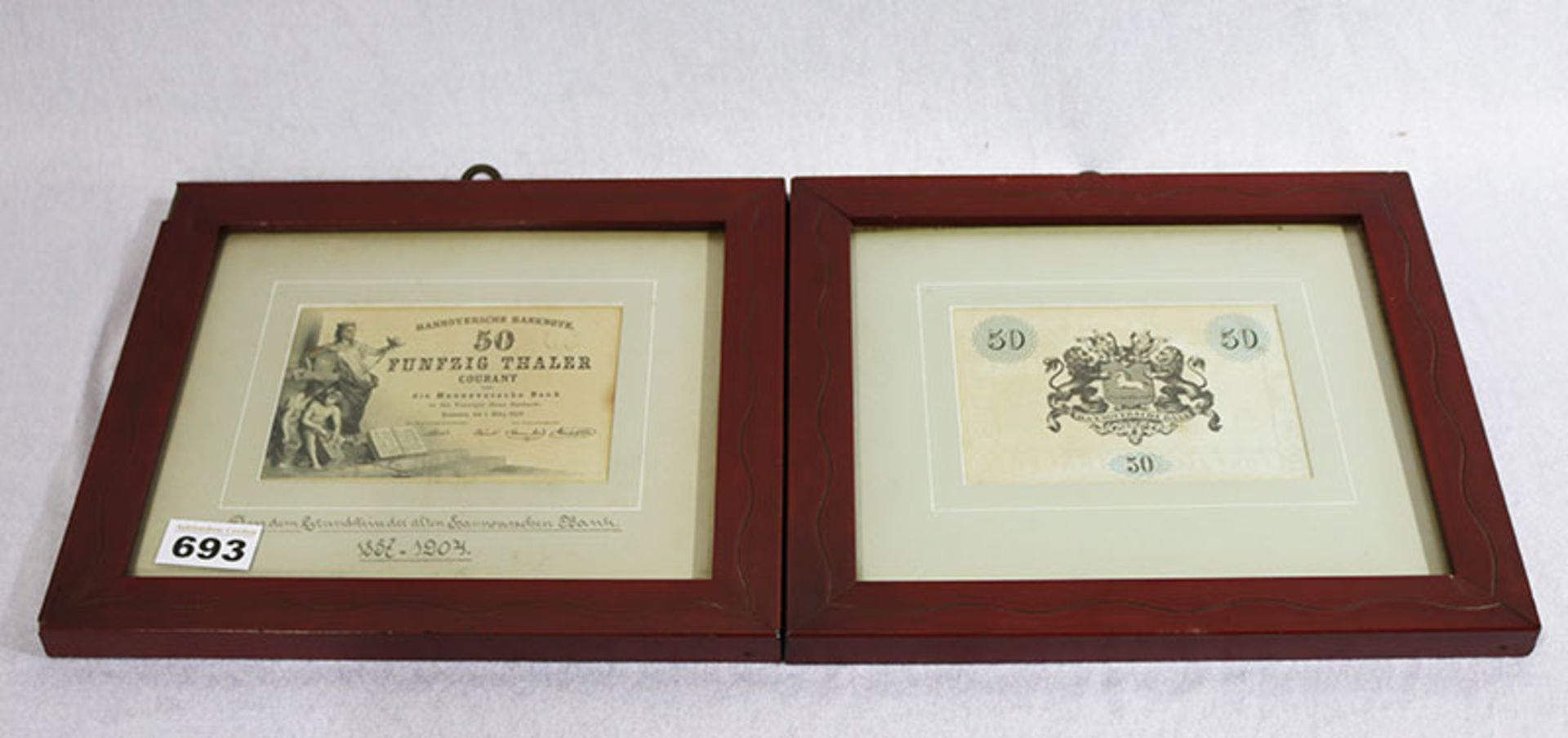 2 Banknoten '50 Thaler, Hannoversche Bank', aus dem Grundstein der alten hannoverschen Bank 1852-