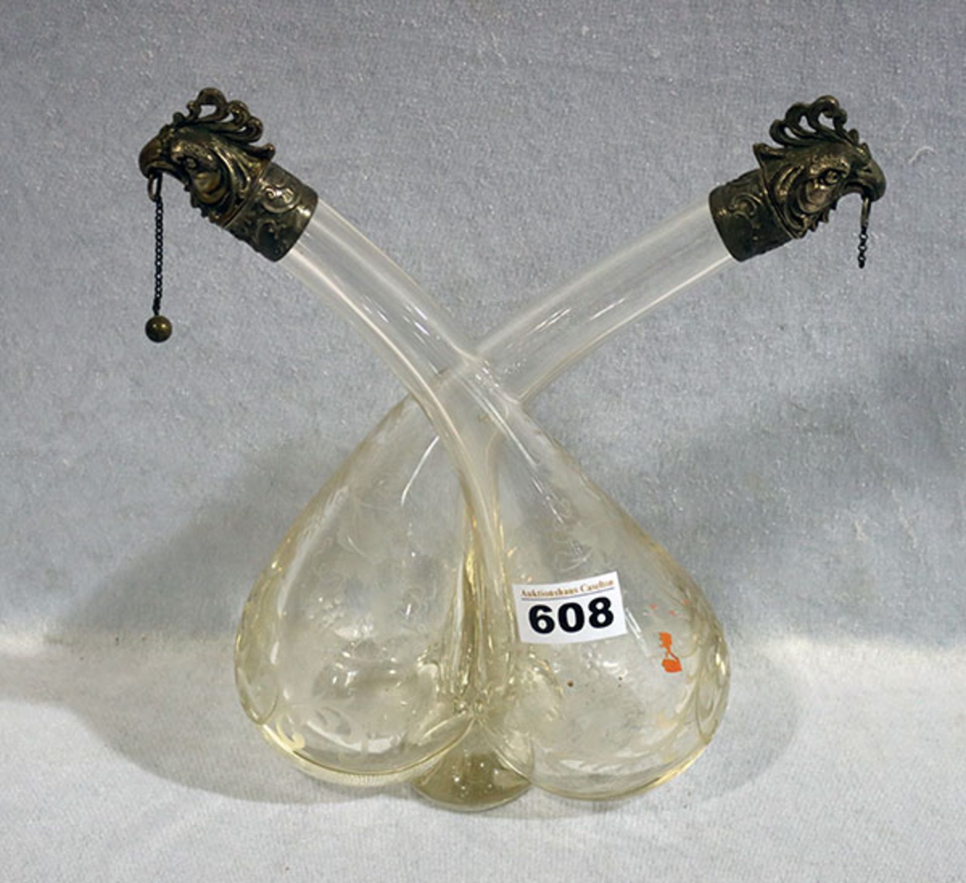 Glas Doppelflasche mit Vogel- und Traubengravur, Silber Halsmontierung und nicht passende