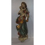 Holz Figuren Wandskulptur 'Maria mit Kind', farbig gefaßt, Trocknungsrisse, H 90 cm, B 29 cm,