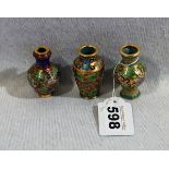 3 kleine, asiatische Vasen mit Cloisonné Dekor, H ca. 5,5 cm