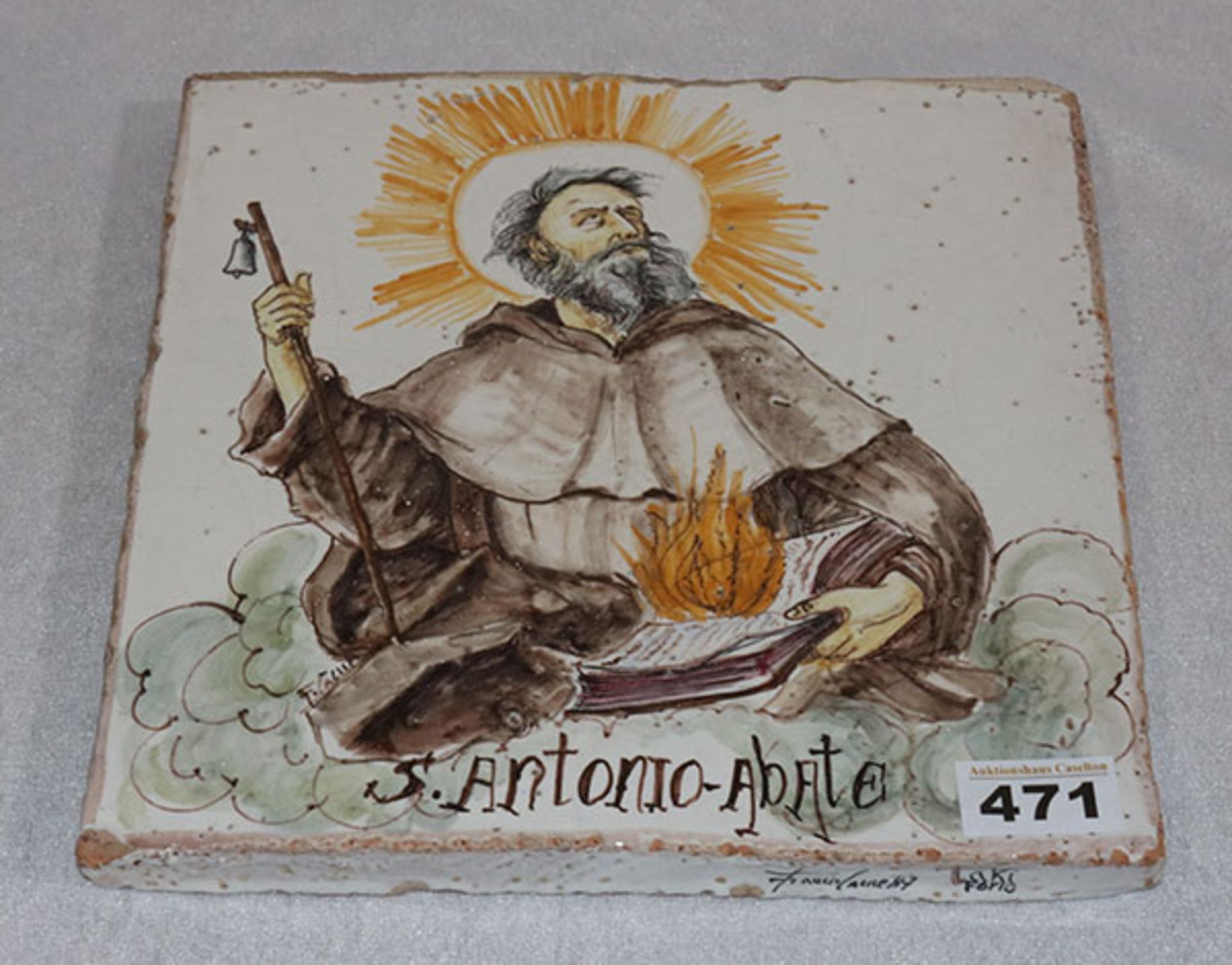 Italienisches Keramikbild 'S. Antonio Abate', signiert und datiert 87, 25 cm x 25 cm