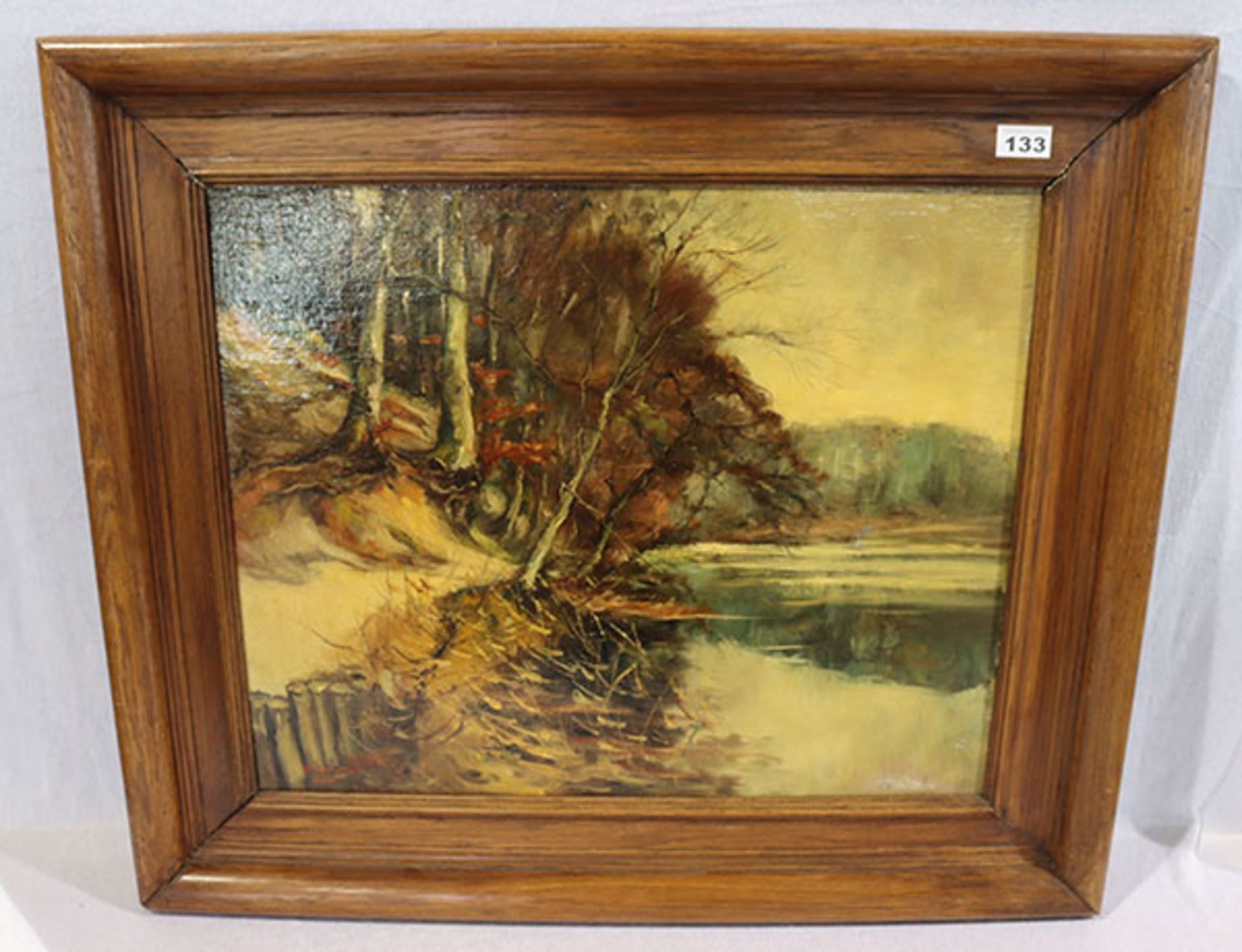 Gemälde ÖL/Holz 'Uferlandschaft im Herbst', signiert Clement, Bildoberfläche teils beschädigt,