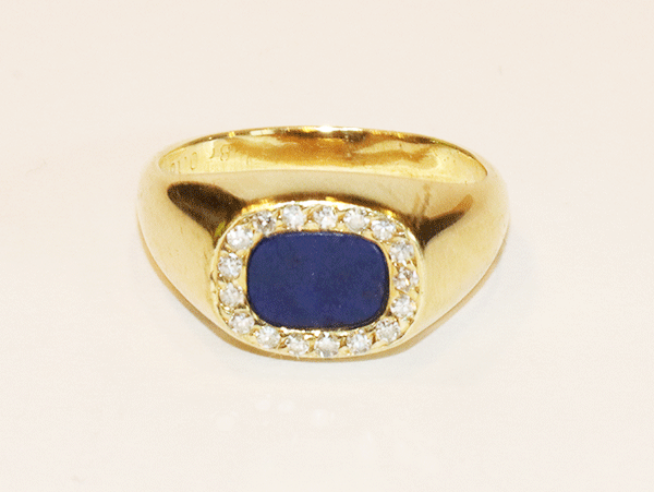 14 k Gelbgold Ring mit Lapislazuli und Diamantkranz, 0,18 ct. Diamanten, 7,55 gr., Gr. 55