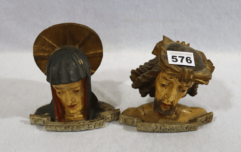 2 Holzbüsten 'Maria und Jesus', beide Oberammergau 1934, farbig gefaßt, H 12/14,5 cm,
