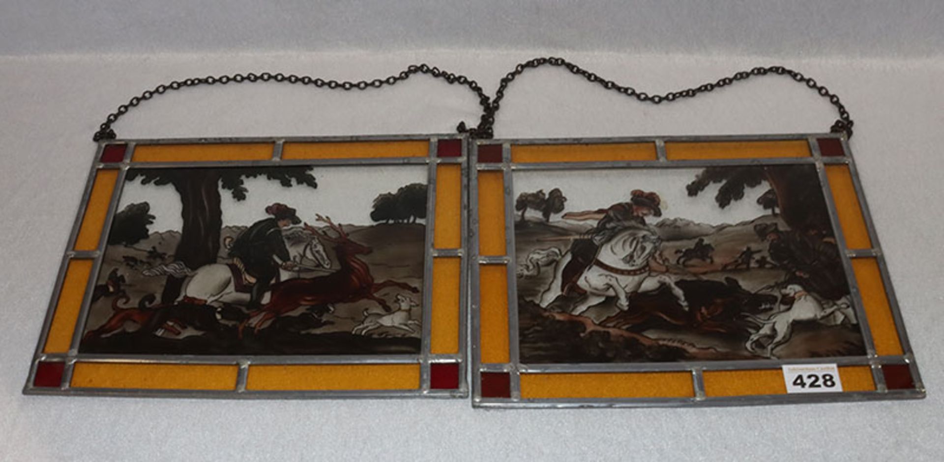 2 Glas Fensterbilder 'Jagd-Szenerien', 24 cm x 31 cm