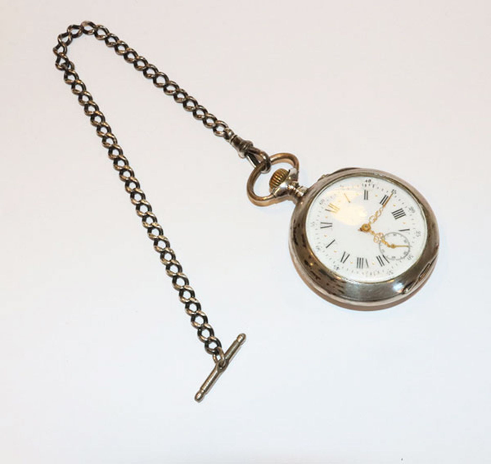 Silber Taschenuhr, D 4,5 cm, mit Kette, L 23 cm, 86 gr., Funktion nicht geprüft, Zifferblatt