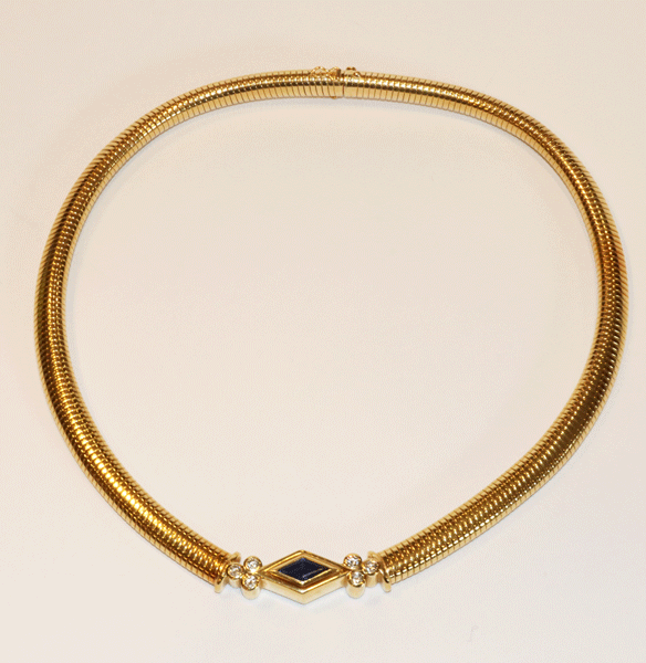 18 k Gelbgold Halscollier mit Safir und 6 Diamanten, 88,5 gr., L 43 cm