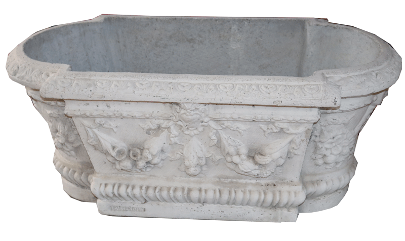 Plfanzgefäß mit Reliefdekor, Beton Steinguß, H 36 cm, B 82 cm, T 42 cm, Gebrauchsspuren, Abholung
