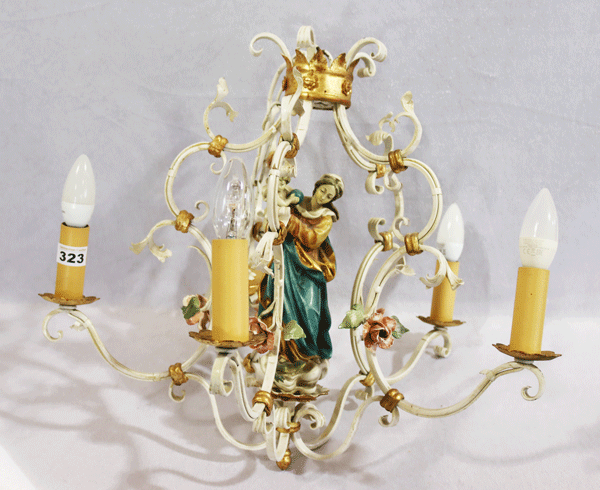 Schmiedeeiserne Hängelampe, 5-armig, beige/gold bemalt, mittig mit Figur 'Maria mit Kind', H 85