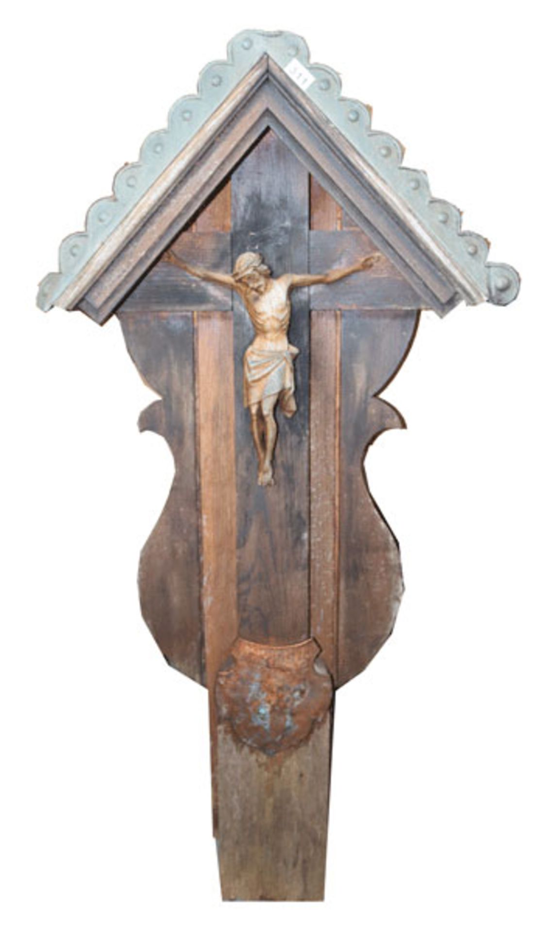 Wegkreuz mit Korpus Christi mit Metalldach, H 145 cm, B 69 cm, T 24 cm, Altersspuren, verwittert,