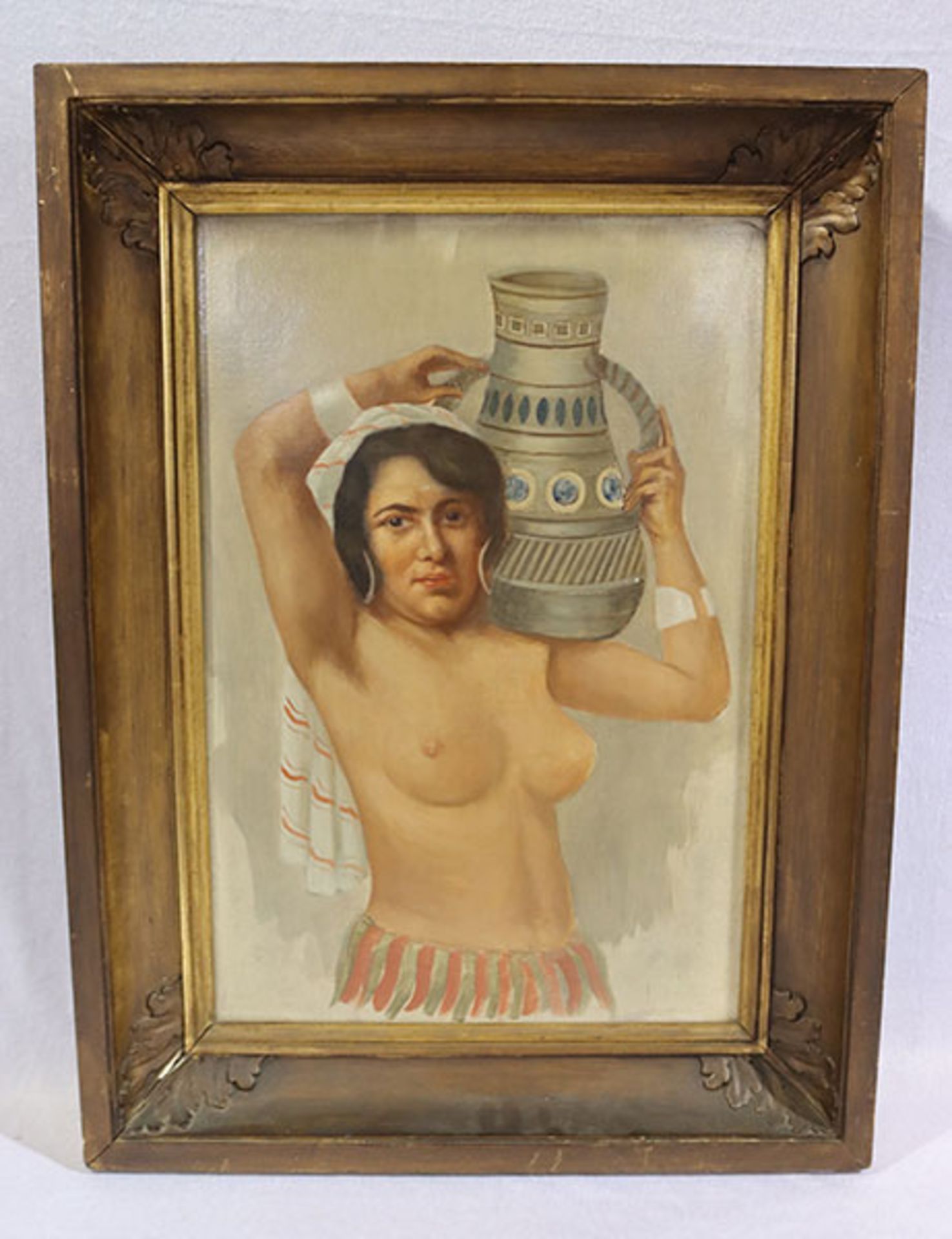 Gemälde ÖL/Malkarton 'Frauen-Halbakt mit Krug', gerahmt, Rahmen beschädigt, incl. Rahmen 71 cm x