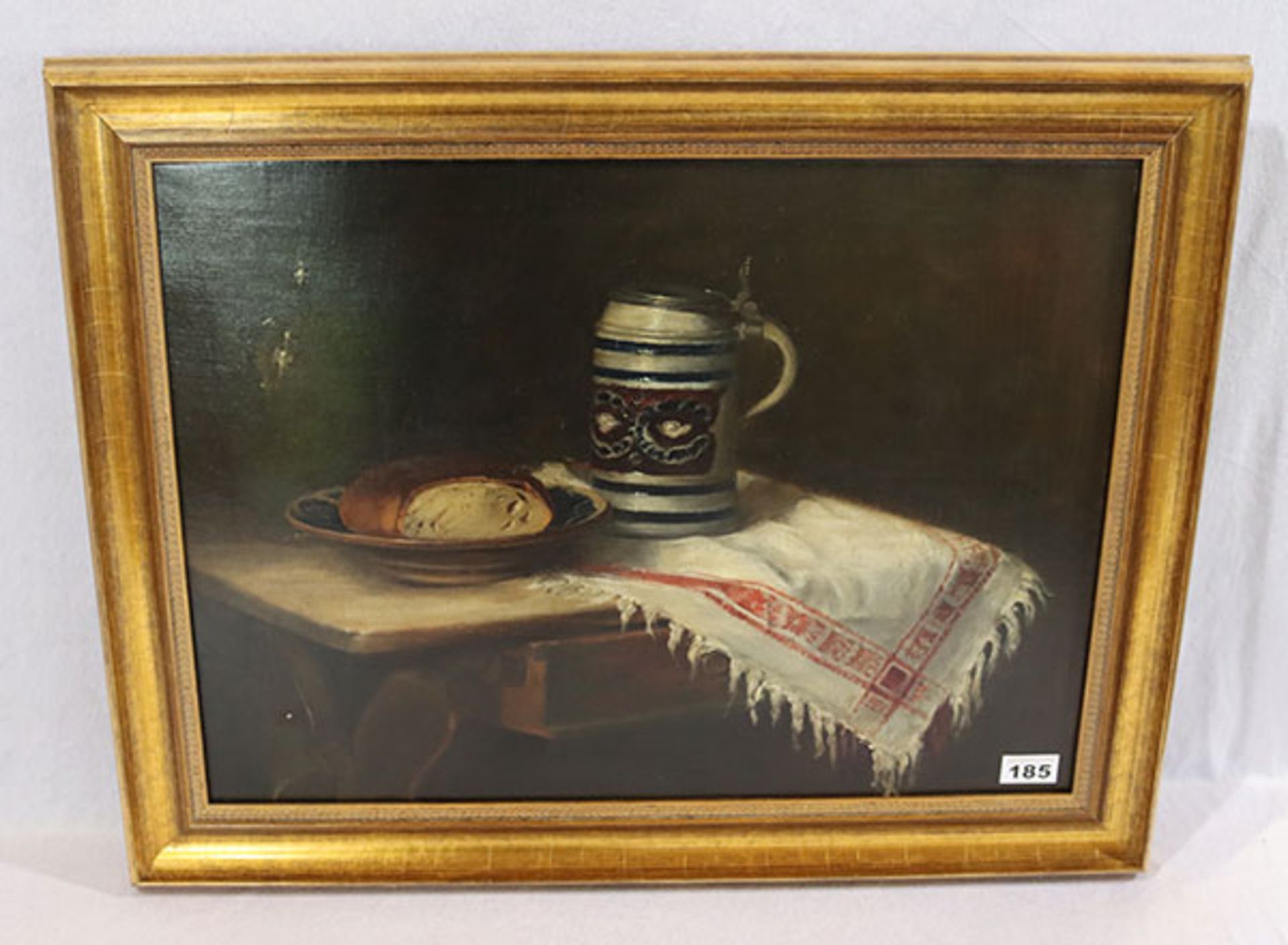 Gemälde ÖL/LW 'Stillleben mit Bierkrug und Brot', Bildoberfläcghe beschädigt, gerahmt, incl.