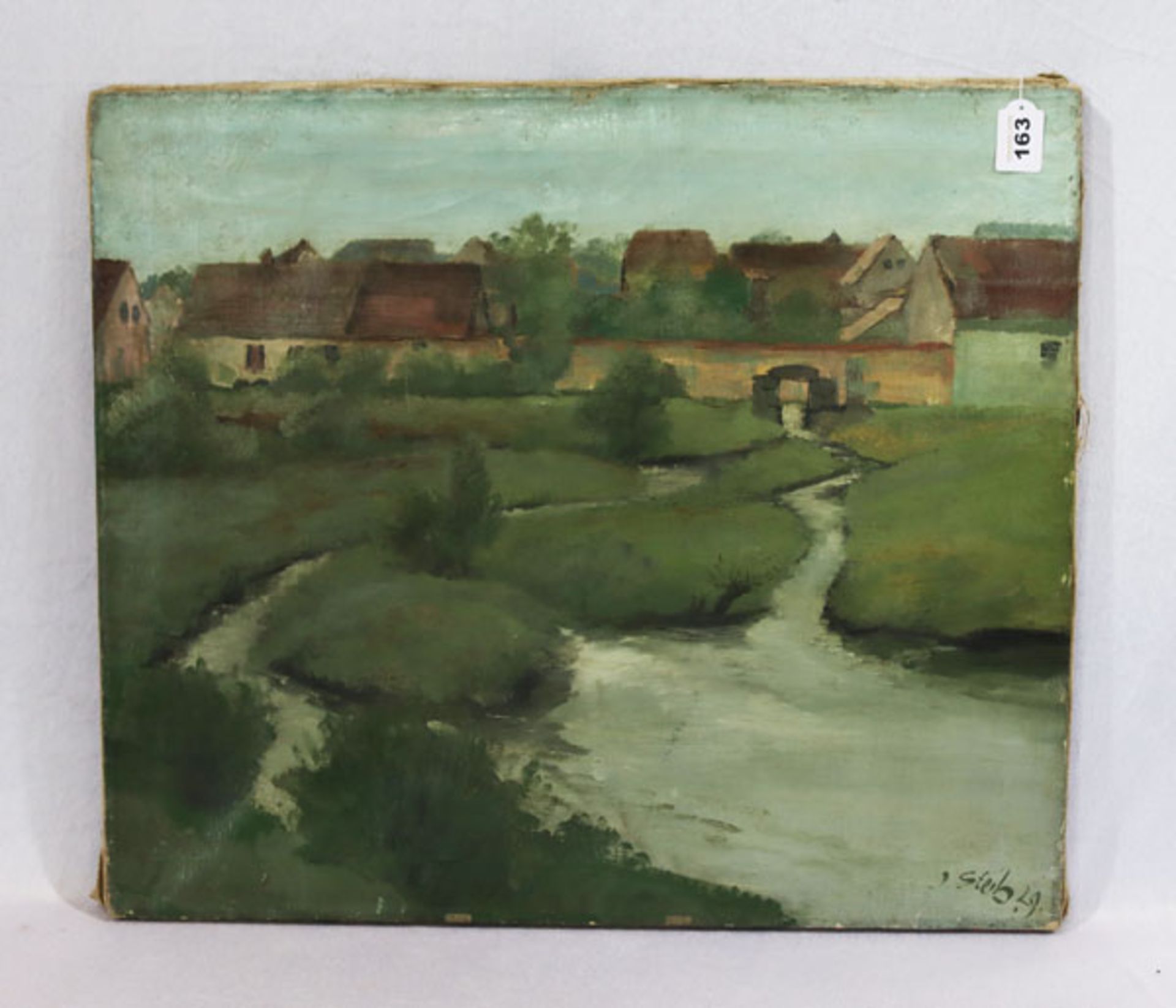 Gemälde ÖL/LW 'Dorfansicht mit Bachlauf', signiert J. Steib, 29 ?, Bildoberfläche und Gemälde