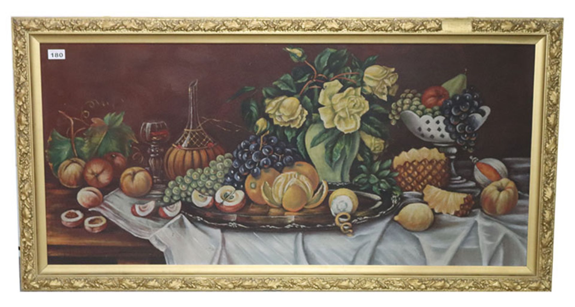 Gemälde ÖL/Malkarton 'Früchte- und Blumenstillleben', gerahmt, Rahmen beschädigt, incl. Rahmen 66 cm