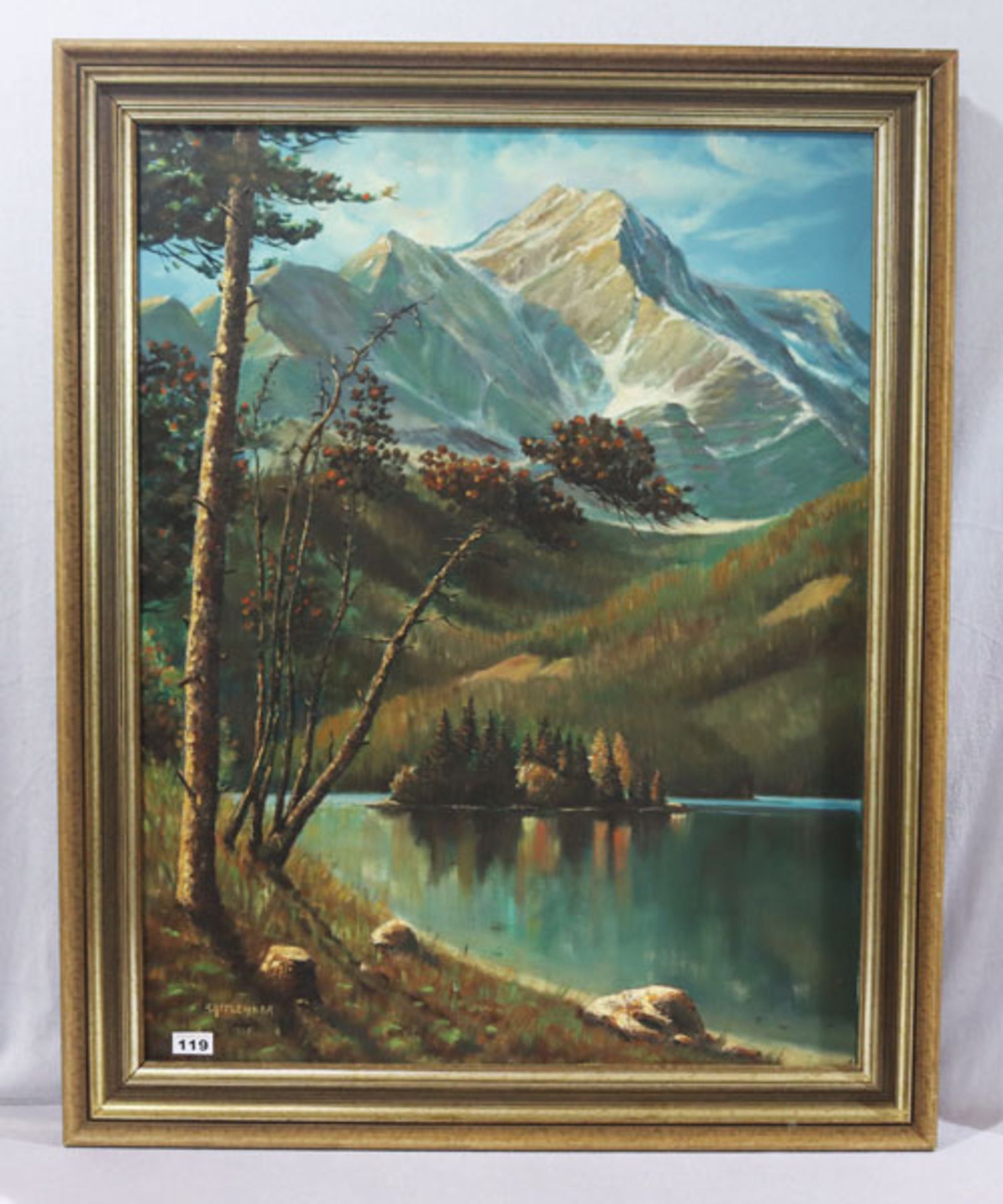 Gemälde ÖL/LW 'Eibsee mit Zugspitze', signiert Battlehner 1977, Wilhelm von Battlehner, * 1906 +
