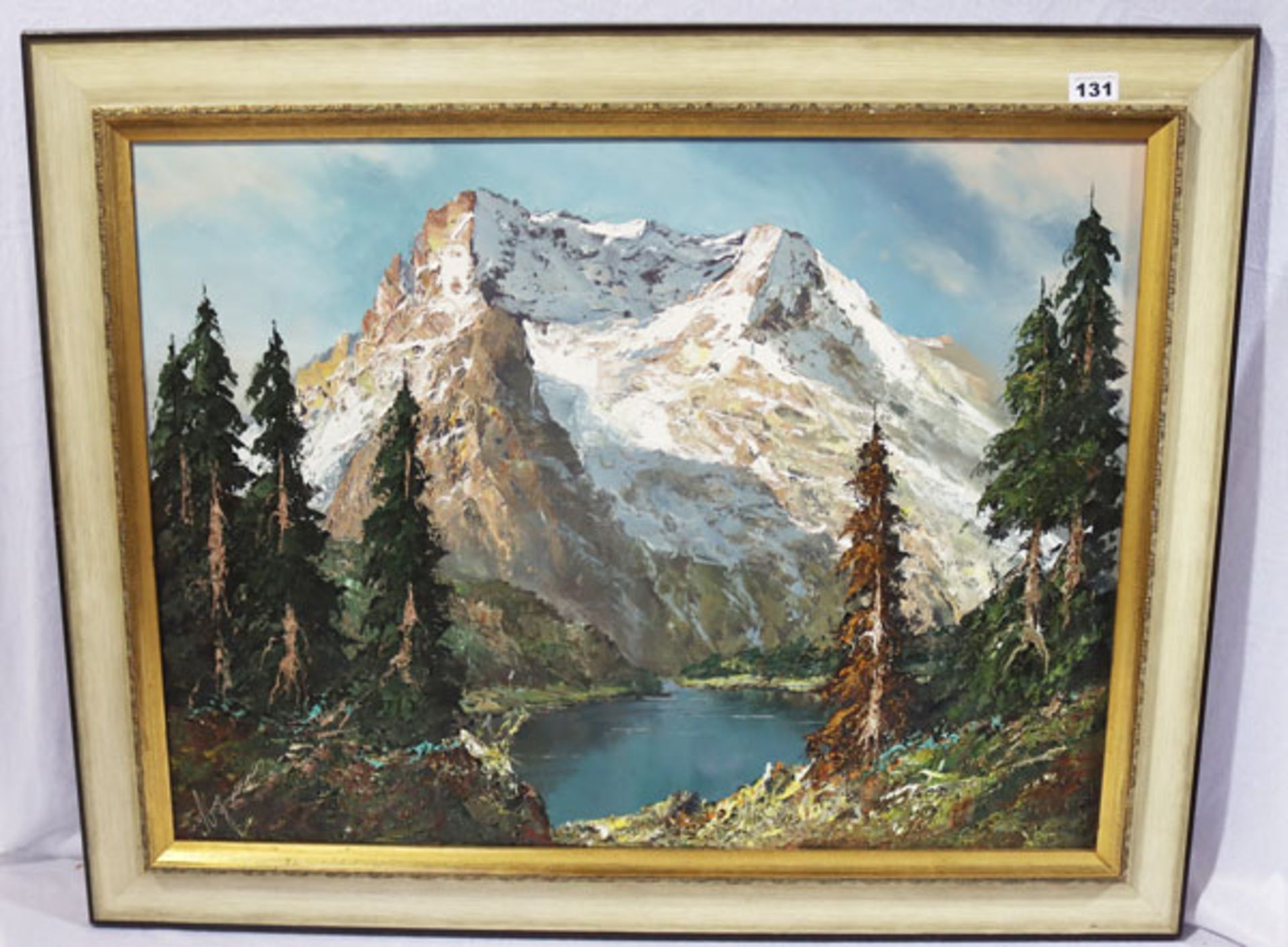Gemälde ÖL/LW 'Hochgebirgs-Szenerie mit See', undeutlich signiert, gerahmt, incl. Rahmen 75 cm x