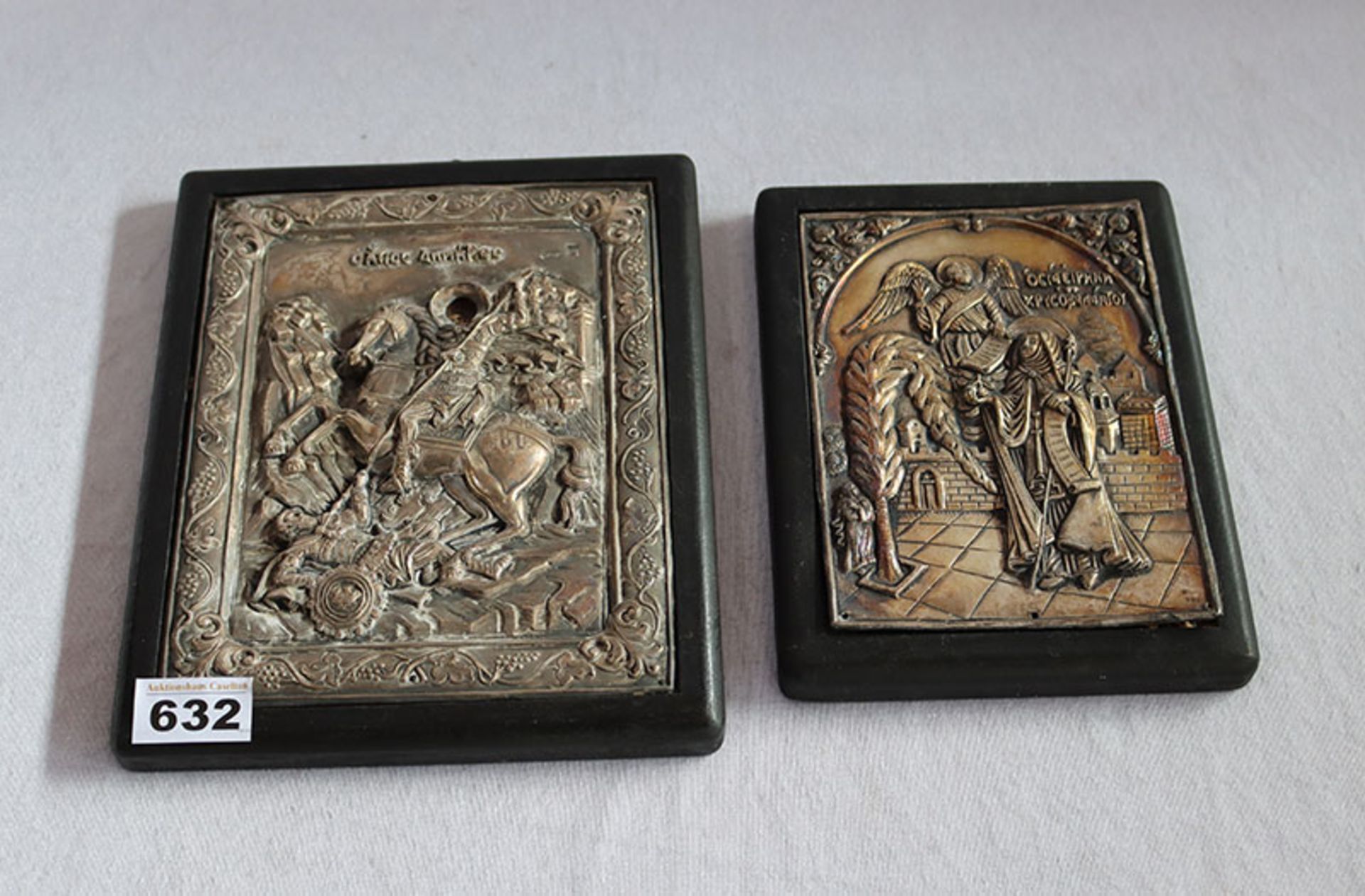 2 Repliken einer byzantinischen Ikone, Silber, 'Heiliger Martin', auf Holz montiert 24 cm x 20 cm,