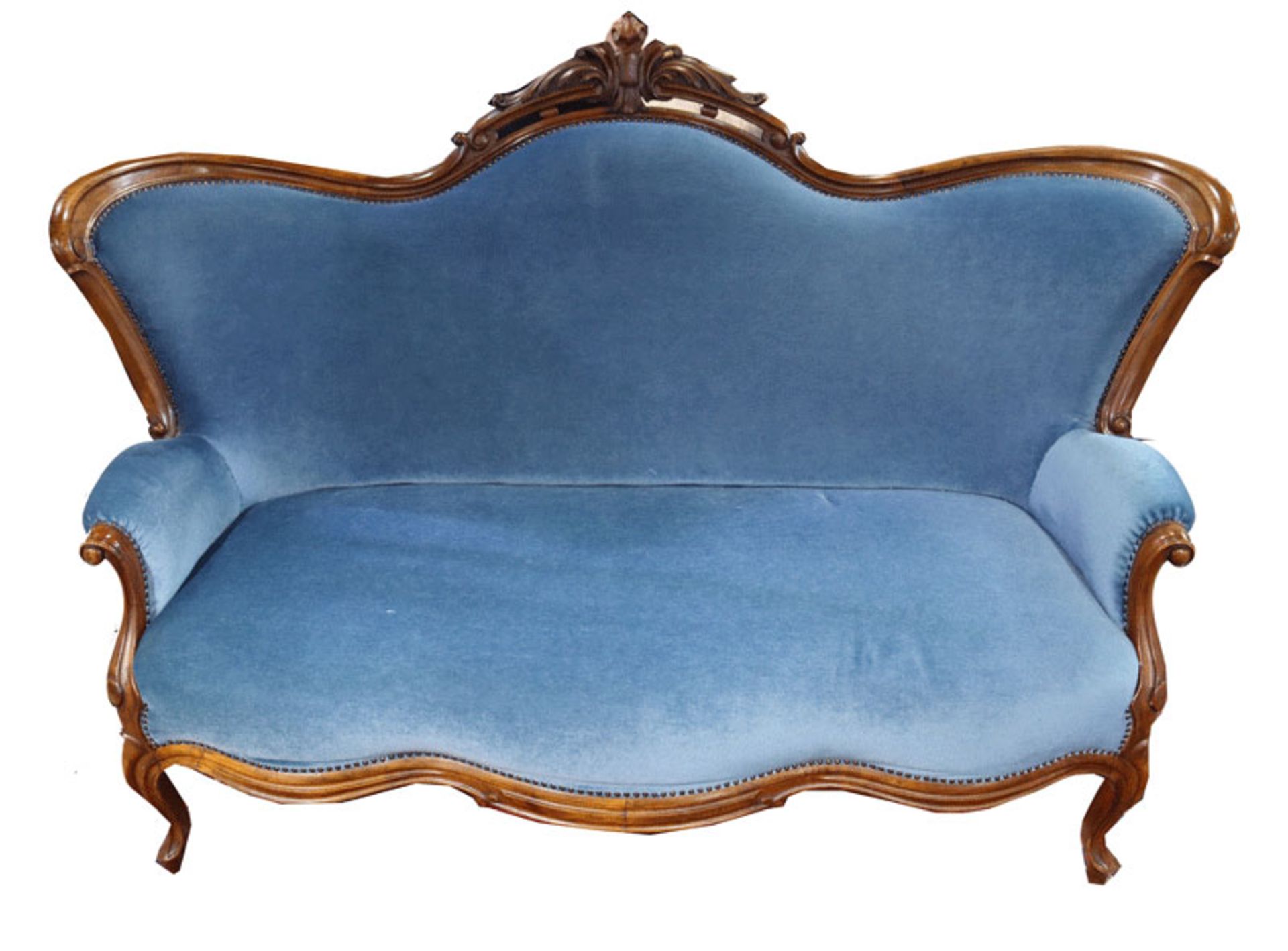 Sitzgarnitur im Wiener Barock Stil, Sofa in geschwungenem Holzrahmen, beschnitzt, gepolstert und