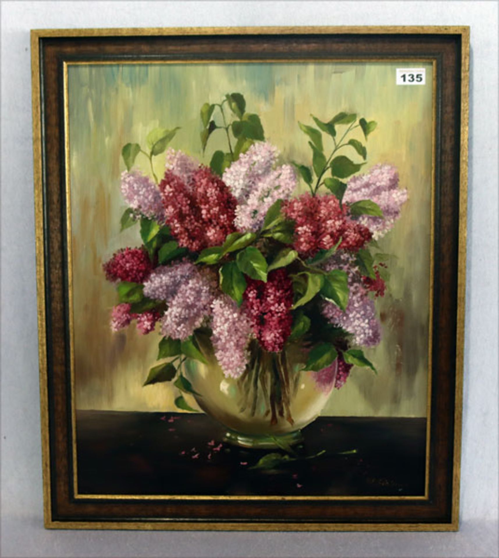 Gemälde ÖL/Malkarton 'Flieder in Vase', signiert W. Schiener, gerahmt, incl. Rahmen 68 cm x 57 cm