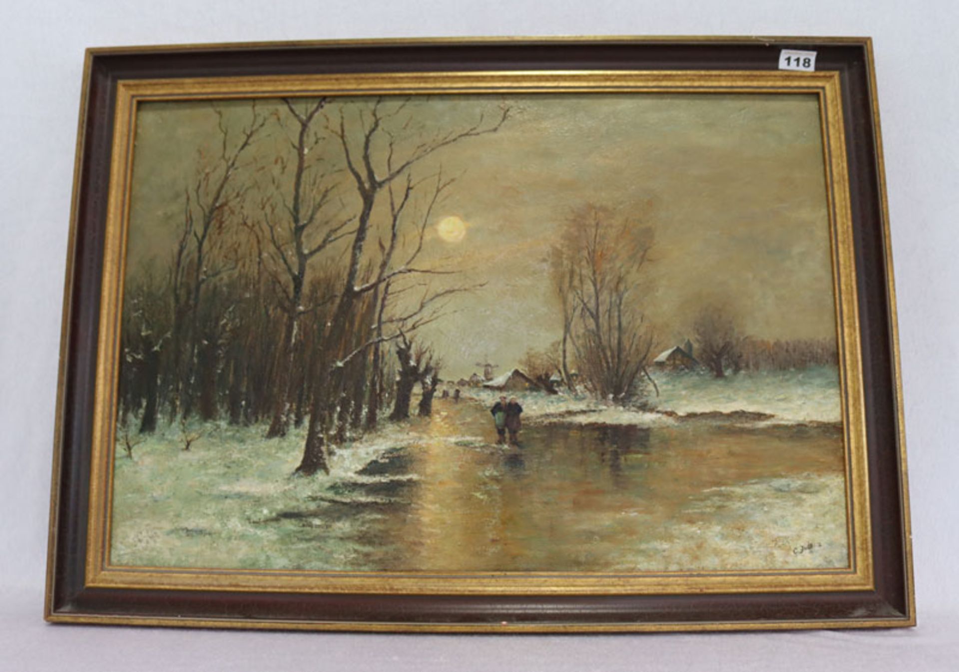 Gemälde ÖL/Hartfaser 'Holländische Winterlandschaft mit Spaziergänger im Mondschein', signiert C.