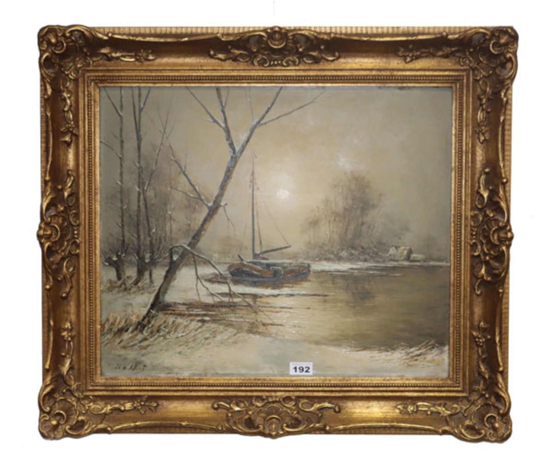 Gemälde ÖL/Malkarton 'Seeufer im Winter mit Segelboot', signiert W. v. Kleist, gerahmt, incl. Rahmen
