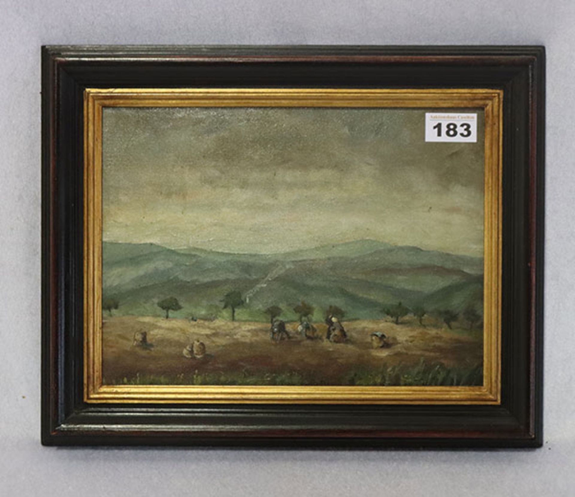 Gemälde ÖL/Malkarton 'Bauern bei der Ernte', gerahmt, Rahmen leicht bestossen, incl. Rahmen 30 cm