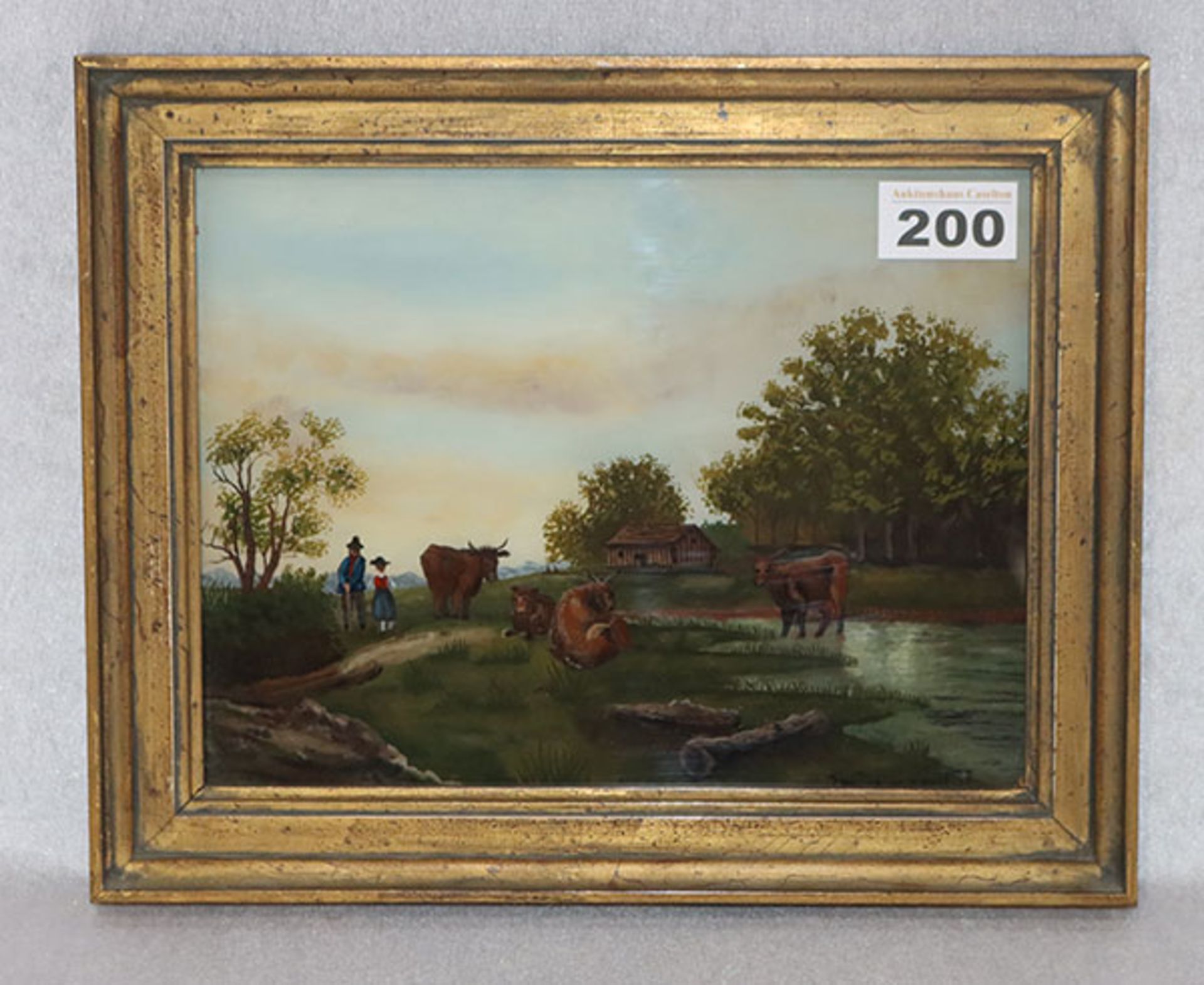 Hinterglasbild 'Landschafts-Szenerie mit Bauer und Kühen', undeutlich signiert, gerahmt, Rahmen