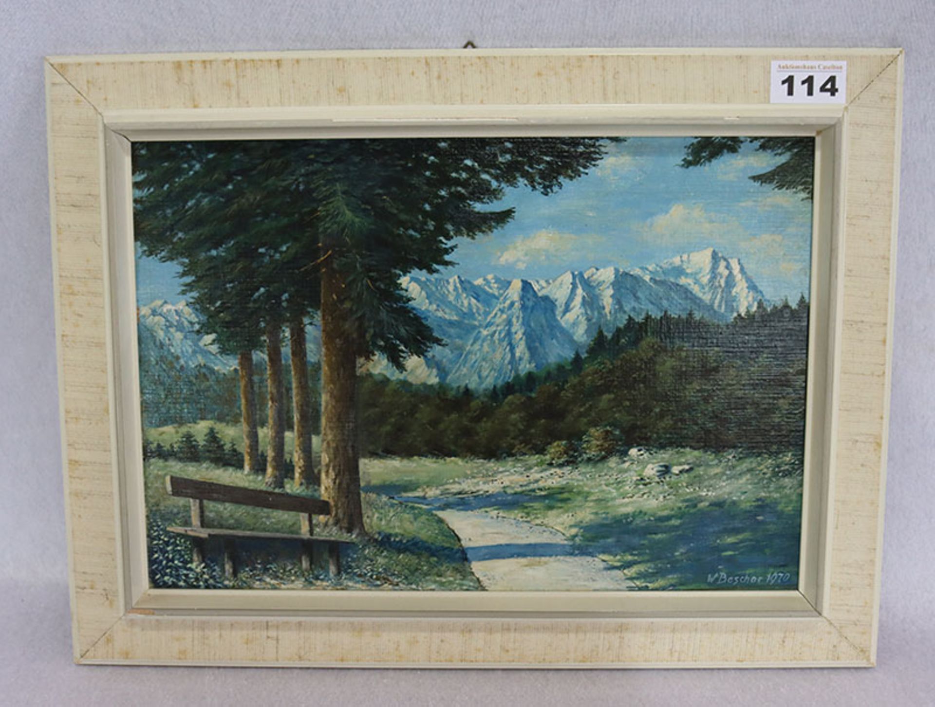 Gemälde ÖL/Malkarton 'Blick aufs Wettersteingebirge', signiert W. Beschor, 1970, gerahmt, Rahmen