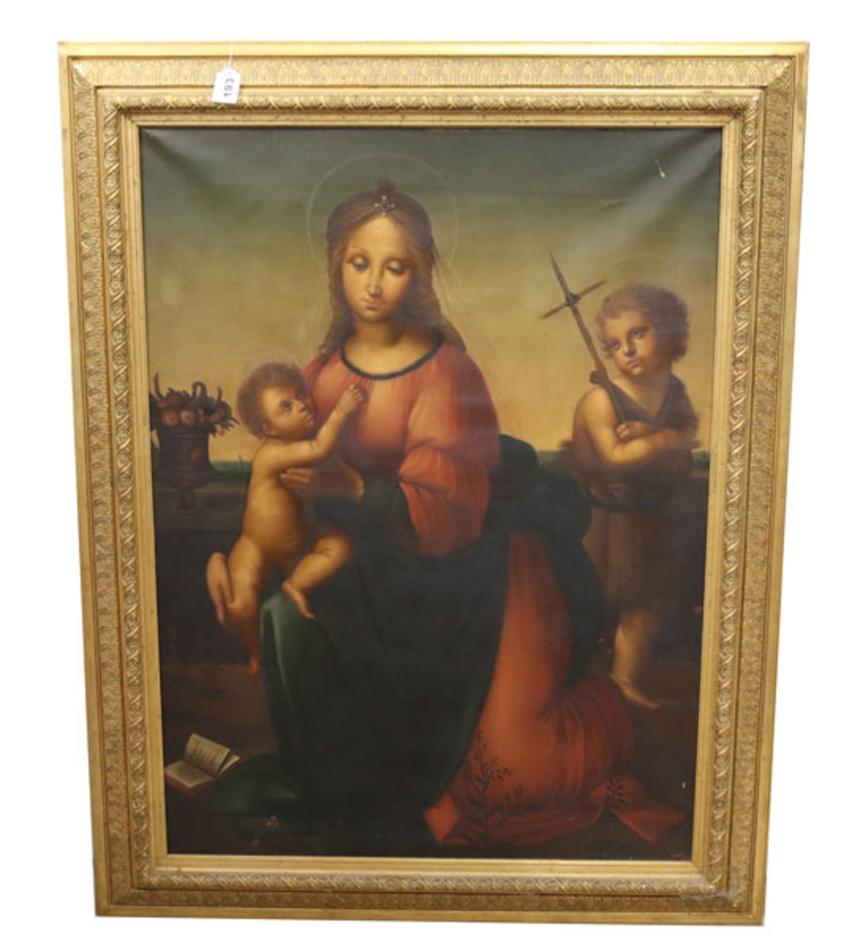 Gemälde ? ÖL/LW 'Maria mit Kind und Johannesknaben', Bildobefläche leicht beschädigt, gerahmt,