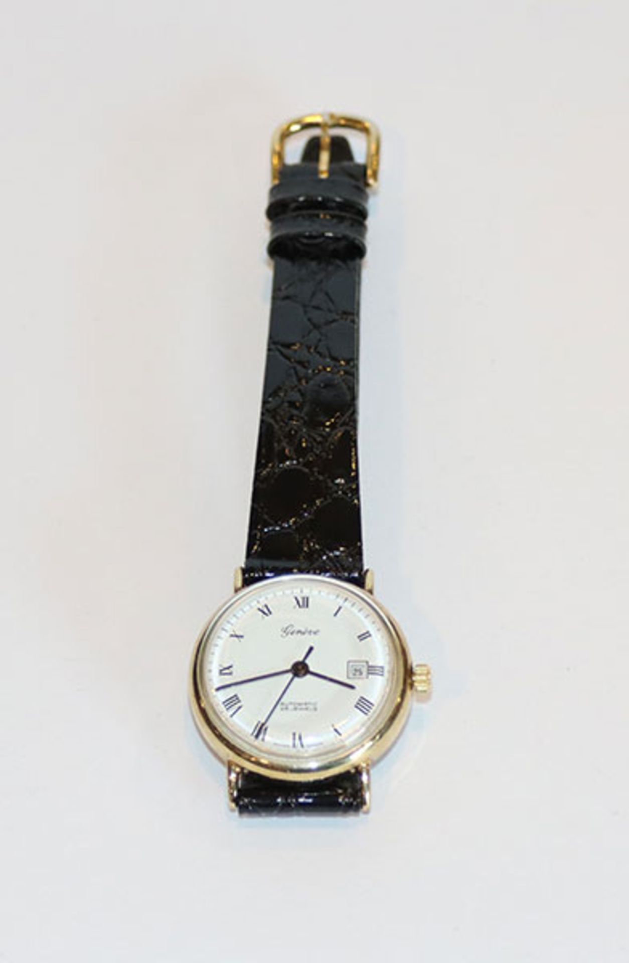 14 k Gelbgold Damen-Armbanduhr, Geneve, Automatic, an schwarzem Lederarmband, wenig getragen