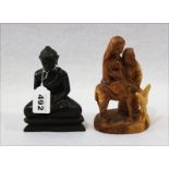 Konvolut: Holzfigurengruppe 'Heilige Familie auf Esel', H 19 cm, und Holzfigur 'Sitzender Buddha', H