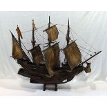 Modell Segelschiff aus Holz mit Takelage, H 66 cm, B 80 cm, nicht komplett, teils beschädigt