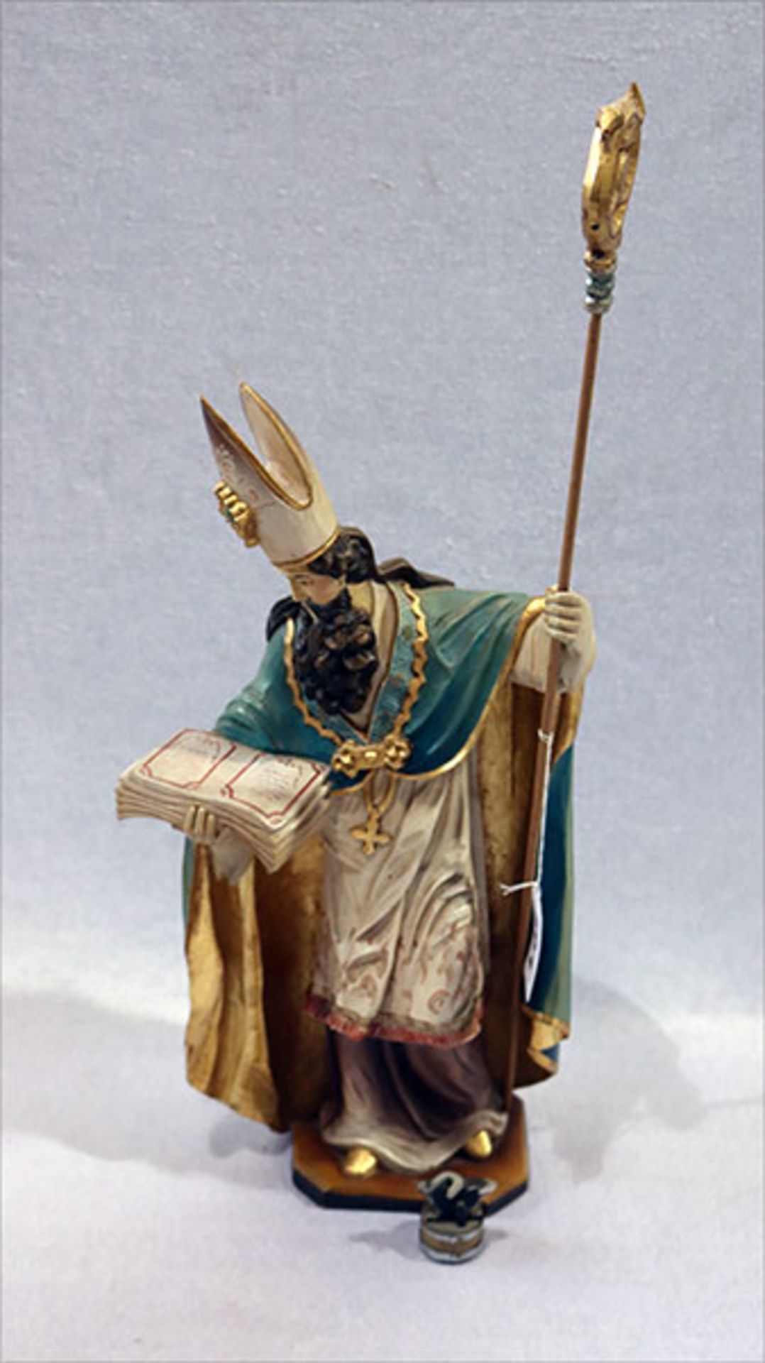 Holz Figurenskulptur 'Heiliger Eligius', Schutzparton der Hutschmiede und Tierärzte, farbig