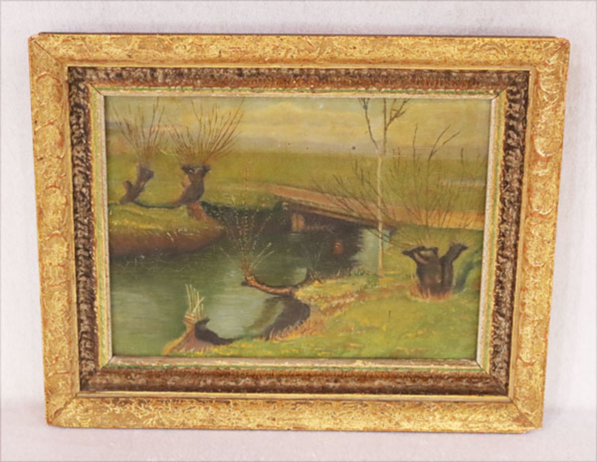 Gemälde ÖL/LW 'Bäume am Flußufer', gerahmt, Rahmen beschädigt, incl. Rahmen 35 cm x 28 cm