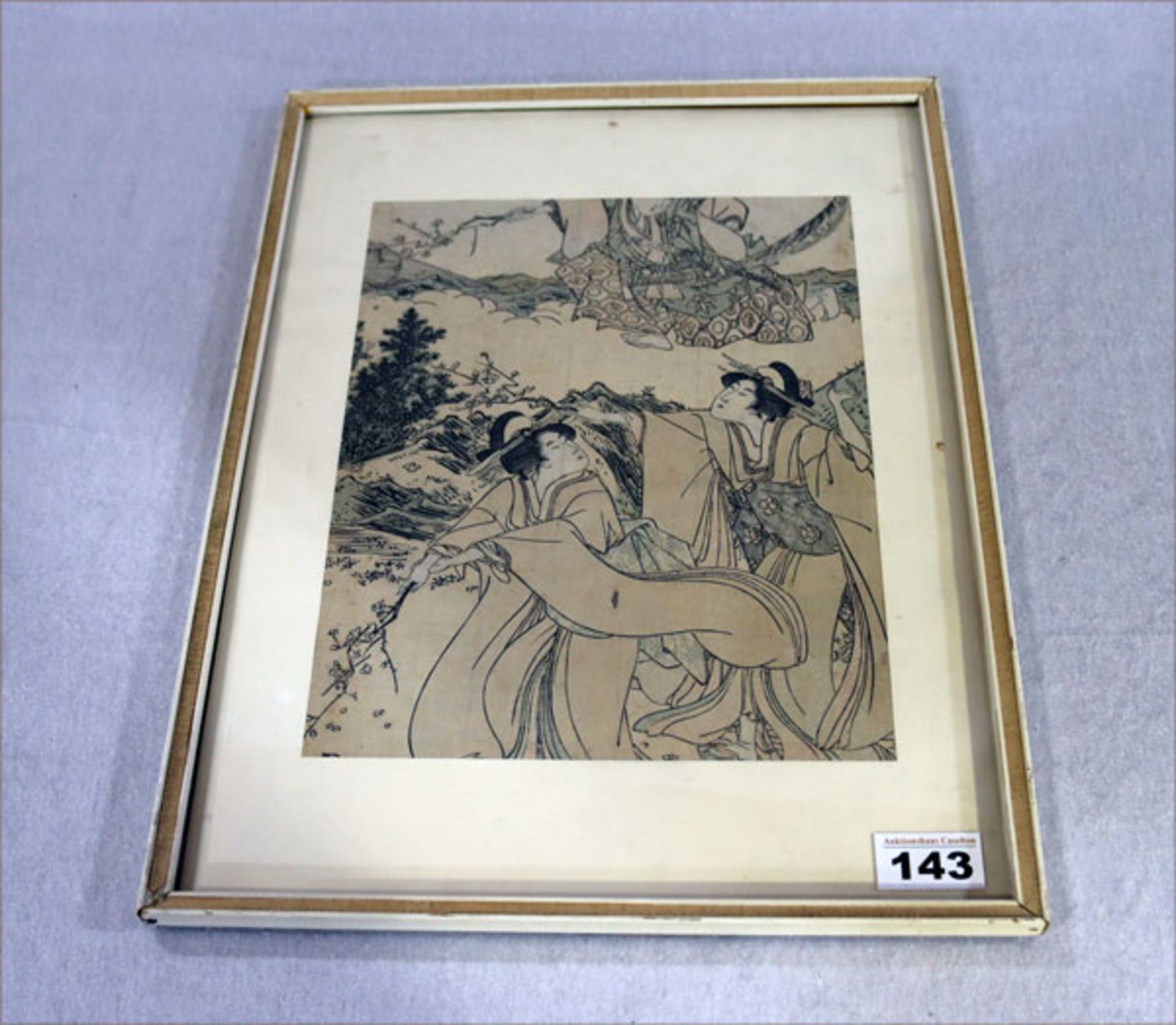 Utagawa Kunisada 'Junger Prinz erscheint zwei Mädchen über den Wolken', japanischer Holzschnitt ?,