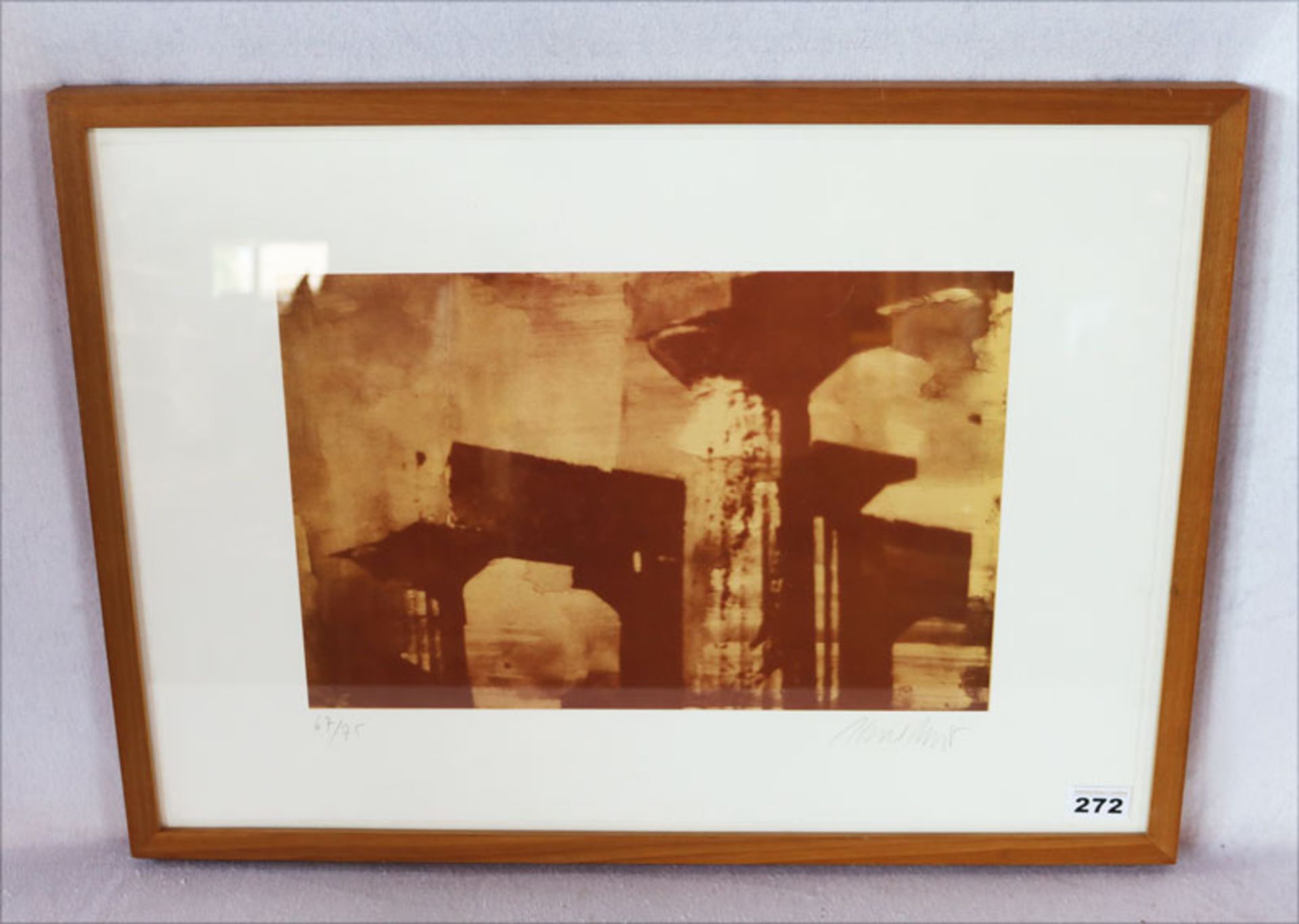 Lithographie 'Antike Säulen', Nr. 67/75, Heiner Mayer ?, unter Glas gerahmt, incl. Rahmen 74 cm x 65
