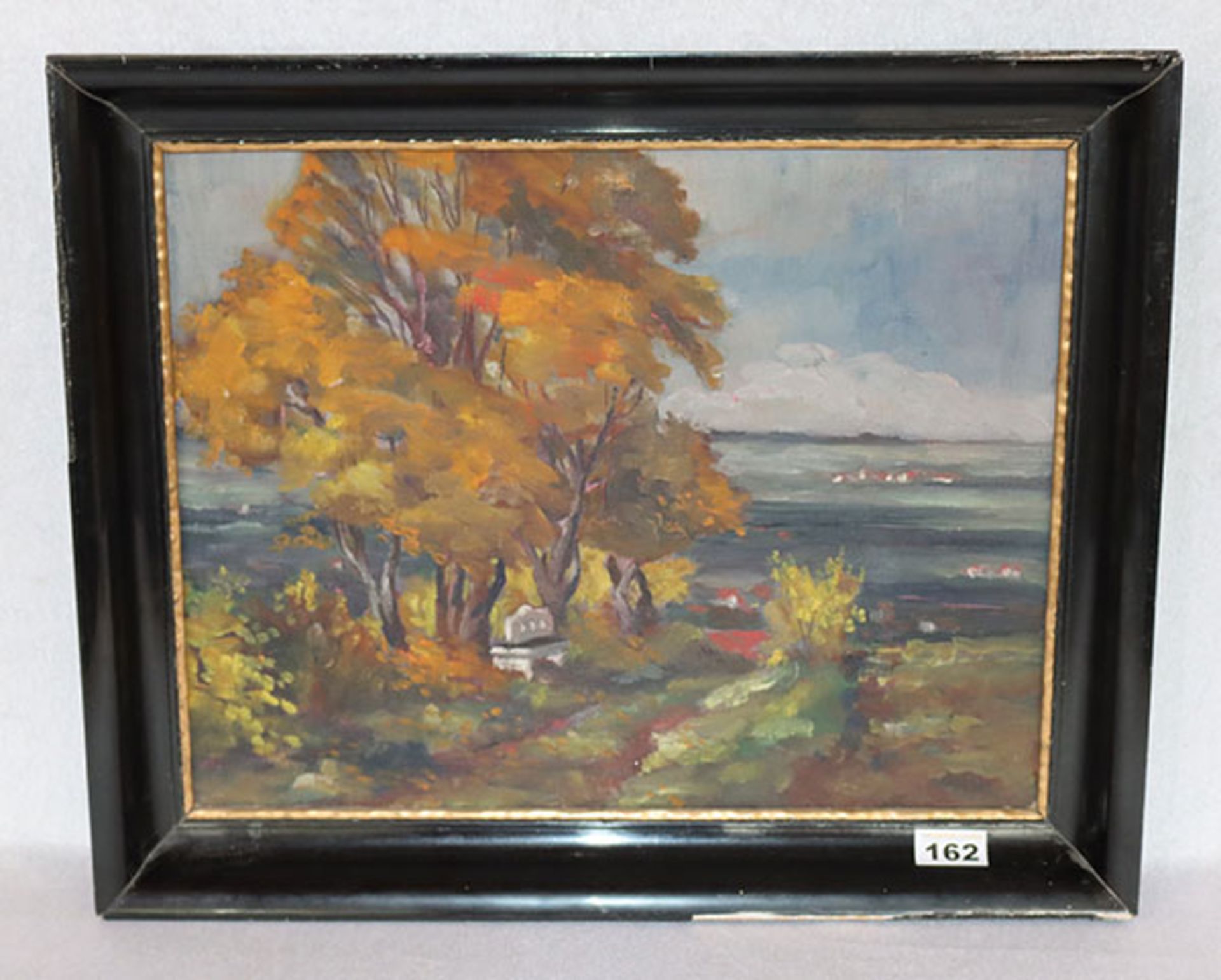 Gemälde ÖL/LW 'Herbstliche Landschafts-Szenerie', gerahmt, Rahmen beschädigt, incl. Rahmen 45,5 cm x