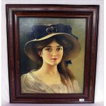 Gemälde ÖL/LW 'Damenportrait mit Hut', gerahmt, Rahmen bestossen, incl. Rahmen 77 cm x 67 cm