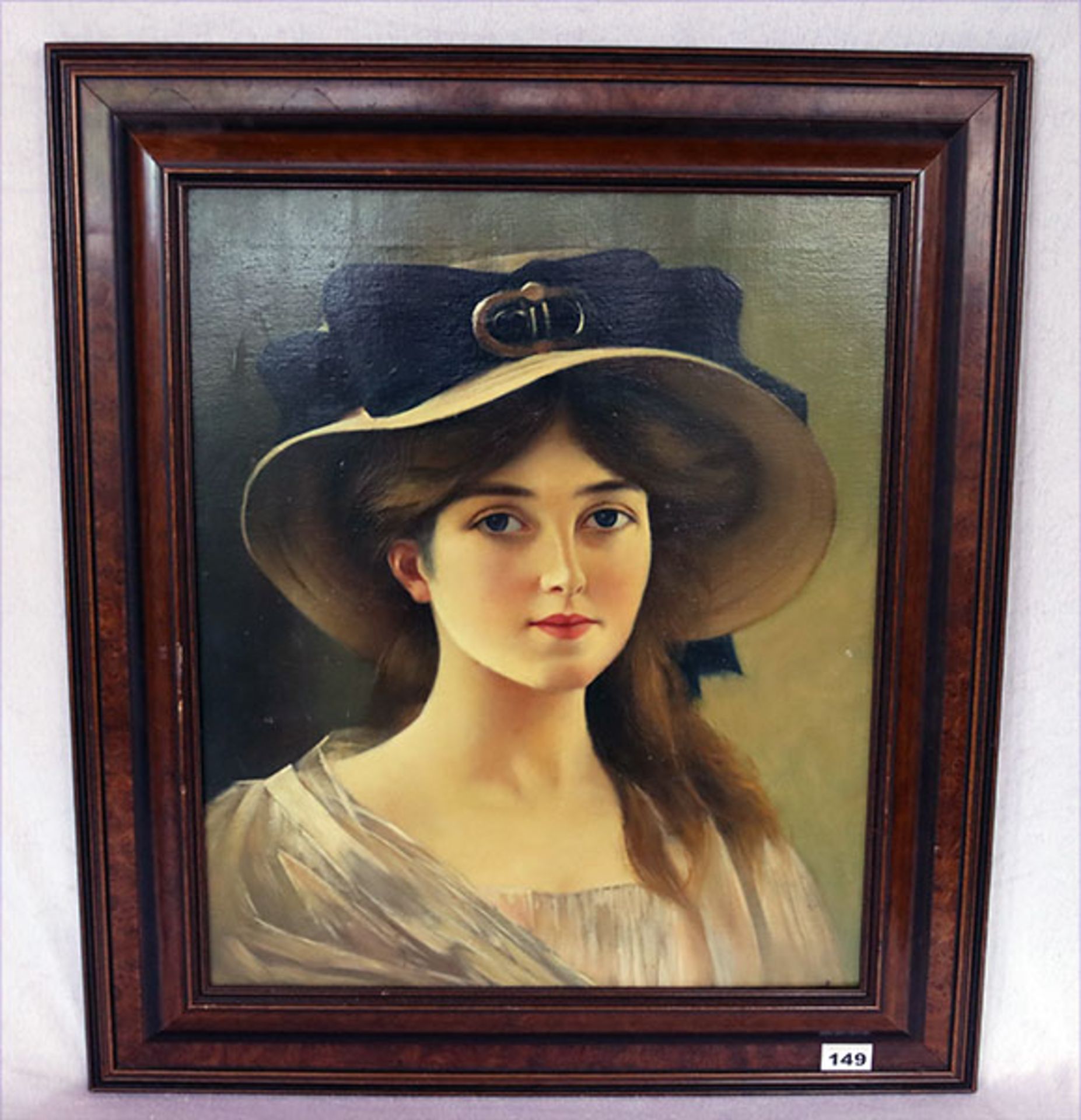Gemälde ÖL/LW 'Damenportrait mit Hut', gerahmt, Rahmen bestossen, incl. Rahmen 77 cm x 67 cm