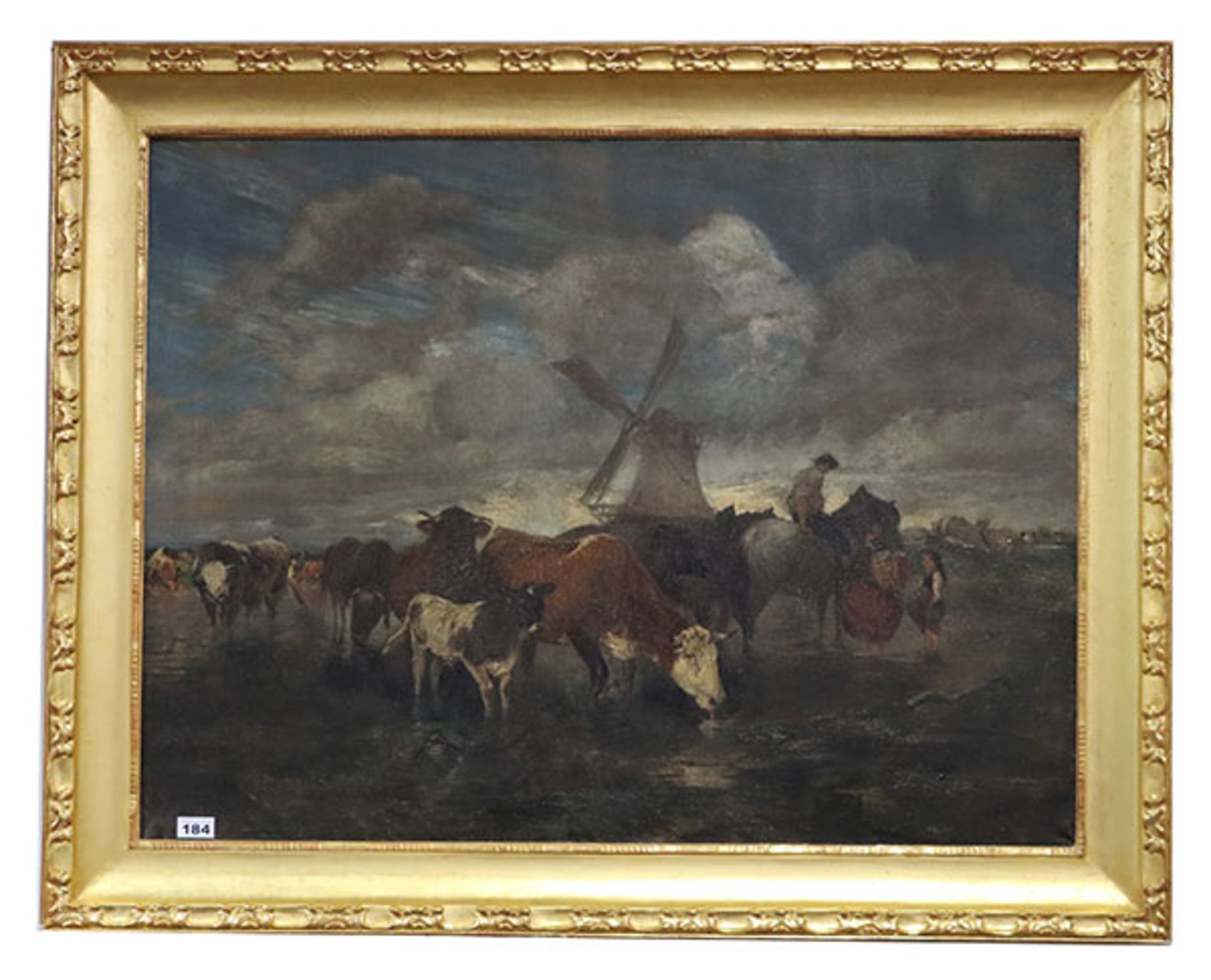 Gemälde ÖL/LW 'Holländische Landschafts-Szenerie mit Windmühle und Kuhherde und Figurenstaffagen',