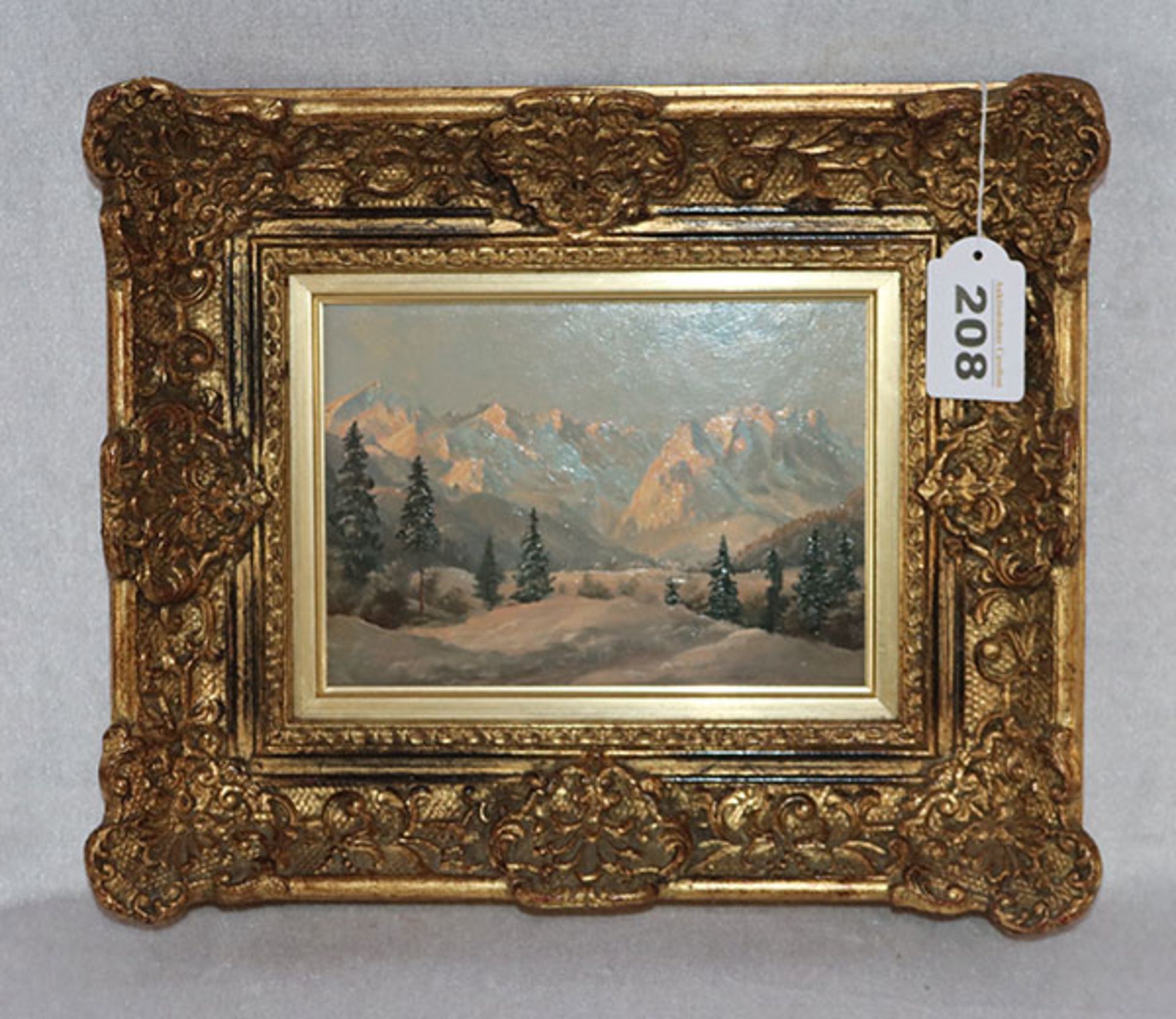 Gemälde ÖL/Hartfaser 'Blick aufs Wettersteingebirge im Winter', signiert Ruscher, Garmisch, * 1918