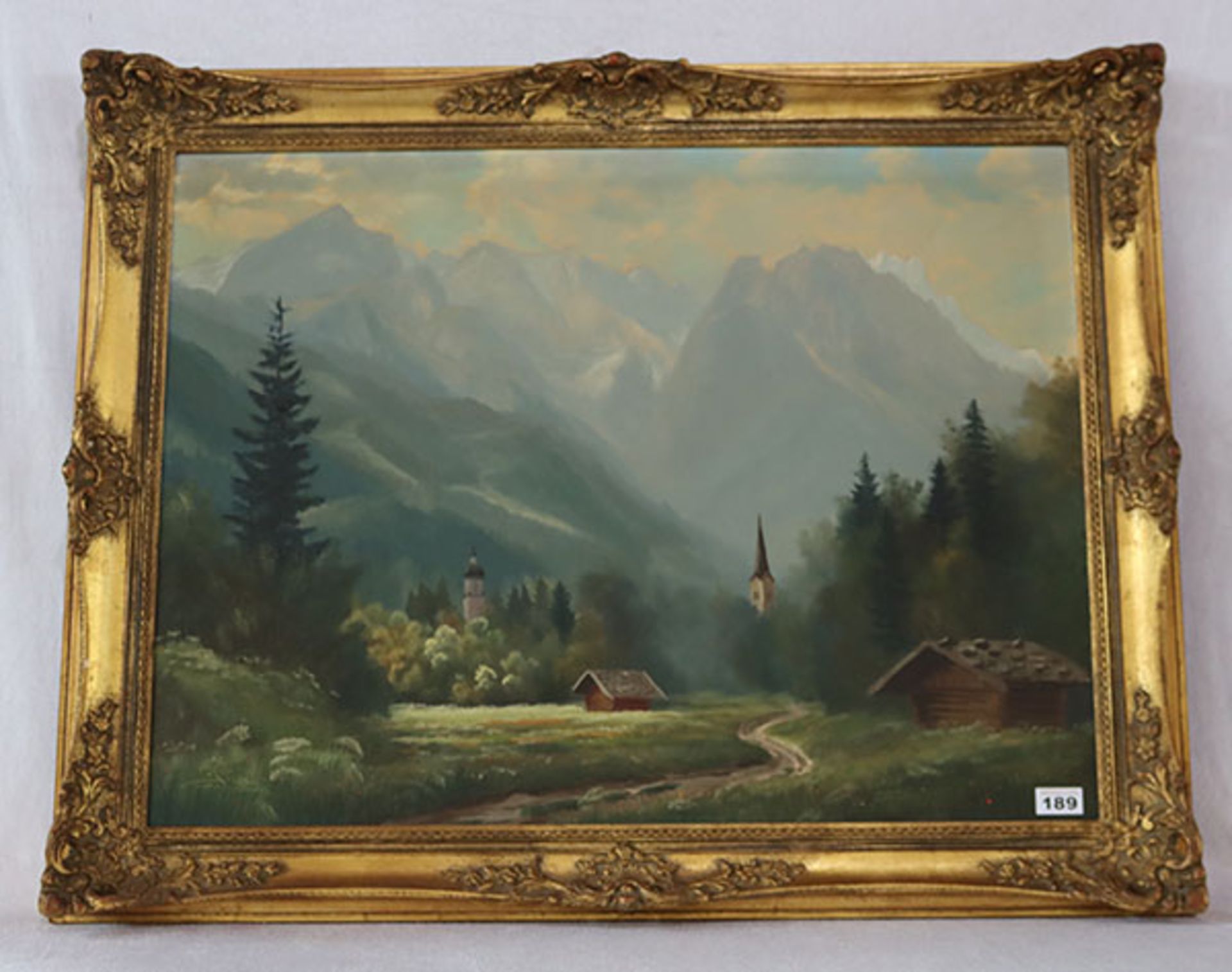Gemälde ÖL/ LW 'Kirchtürme von Garmisch vor Wettersteingebirge', signiert Ruscher, Garmisch, *