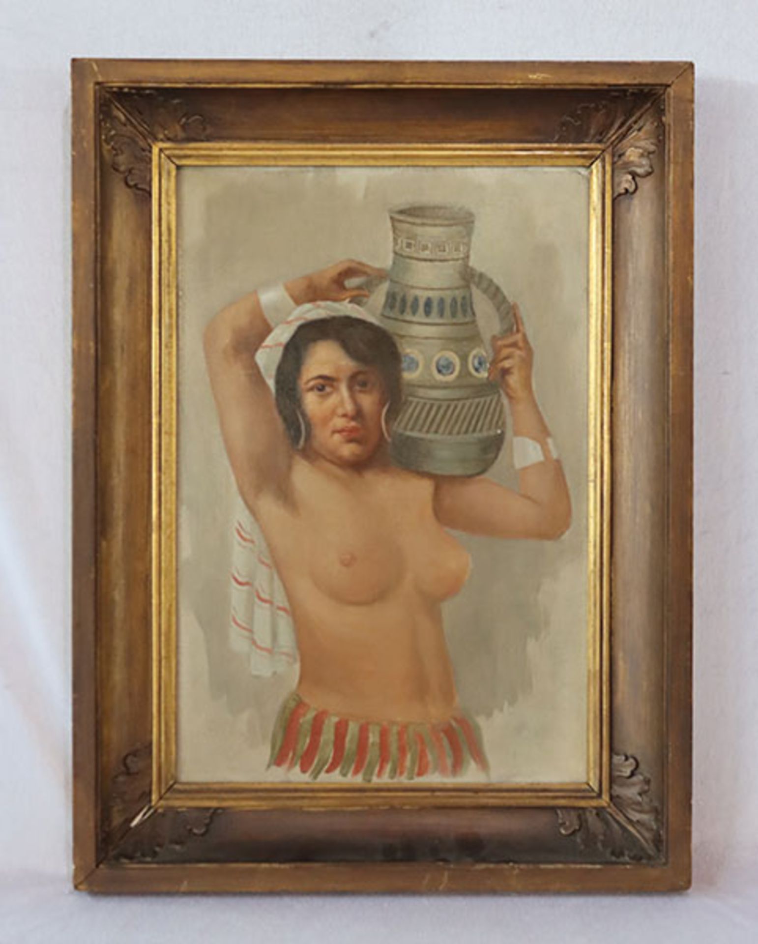 Gemälde ÖL/Malkarton 'Frauen-Halbakt mit Krug', gerahmt, Rahmen beschädigt, incl. Rahmen 71 cm x