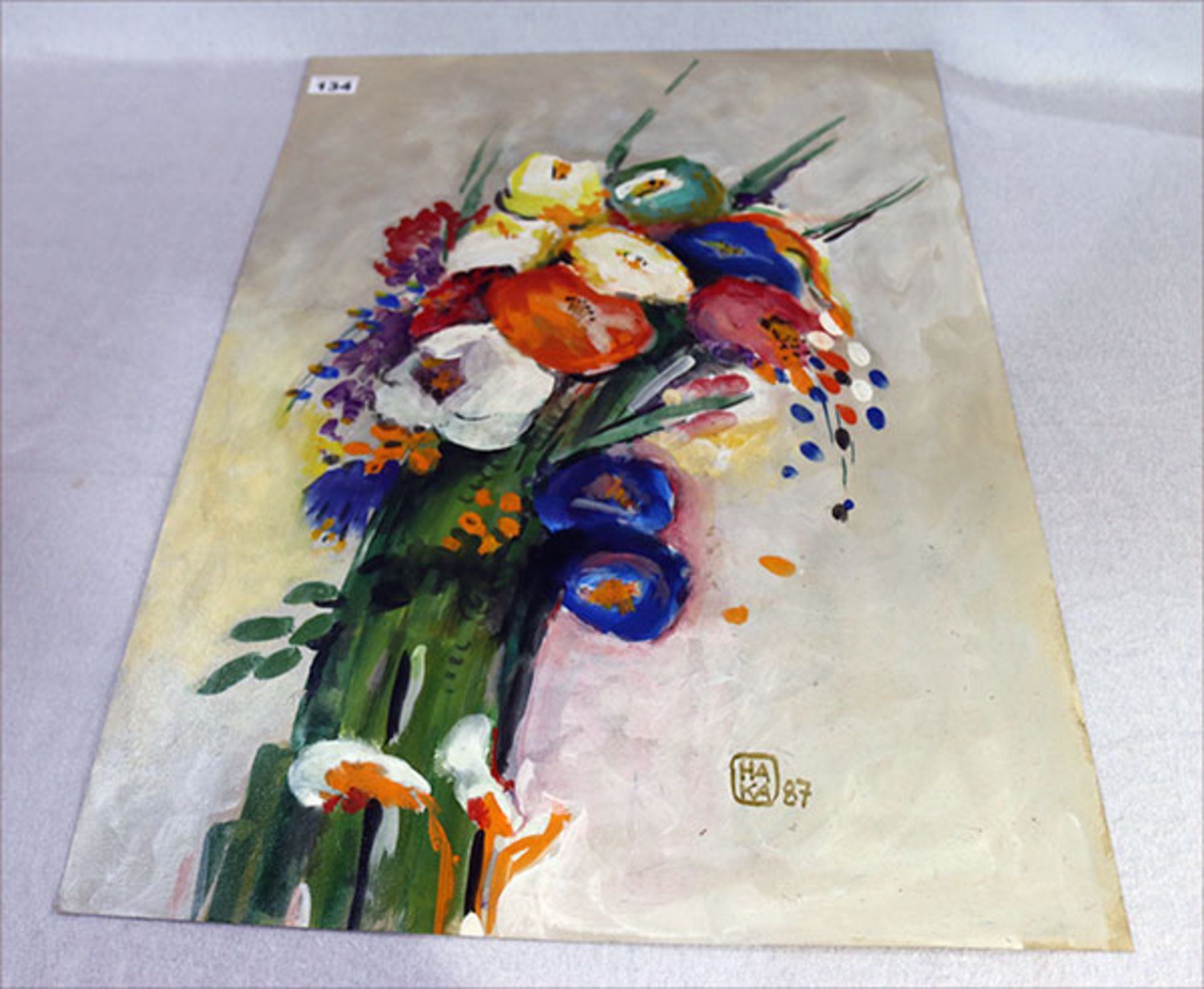 Gemälde ÖL/Malkarton 'Blumenstrauß', monogrammiert HA KA 87, ohne Rahmen, 70 cm x 51 cm