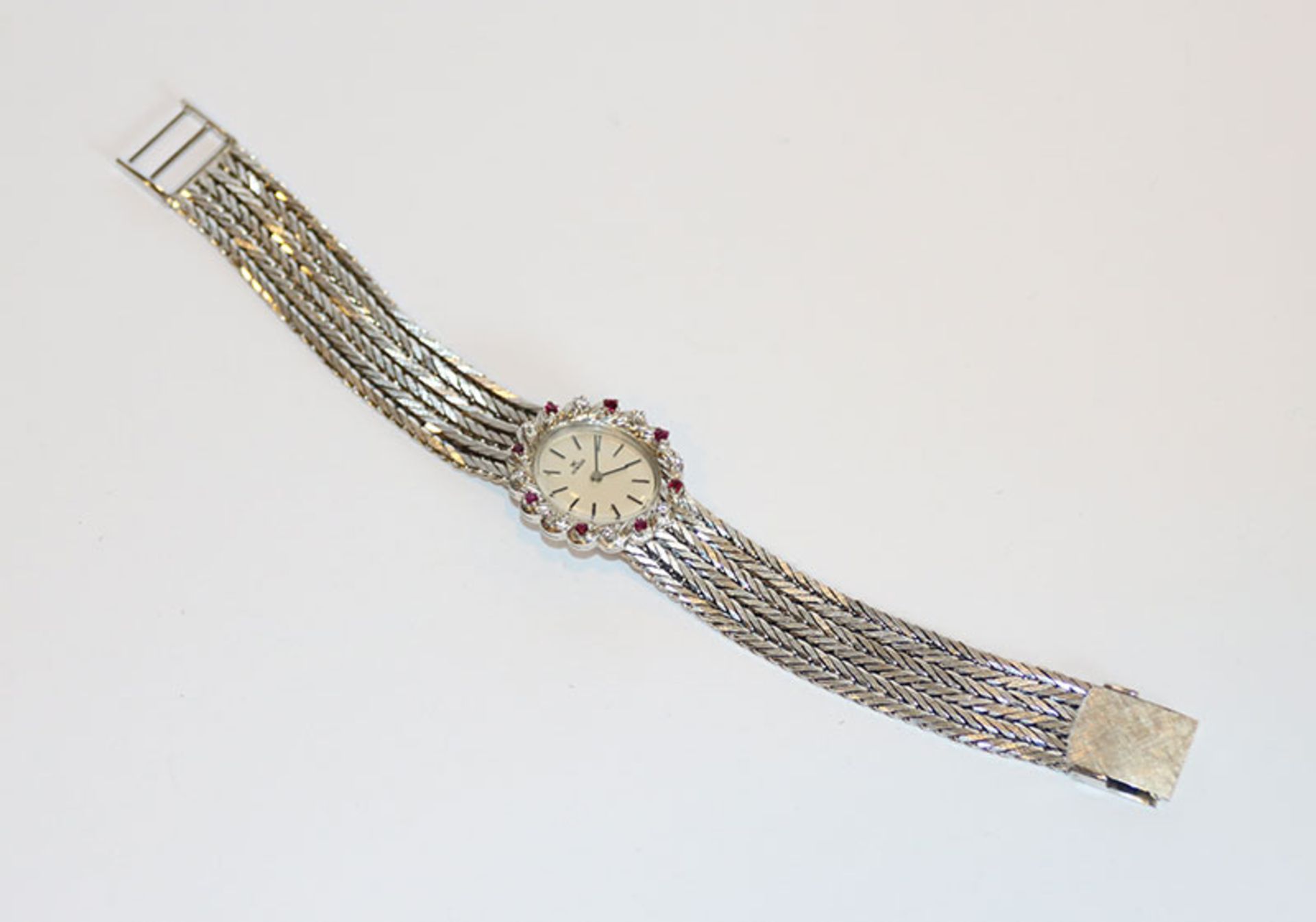 18 k Weißgold Damen-Armbanduhr der Marke Henry Moser, 8 Diamanten und 8 Rubine, Armband mattiert,