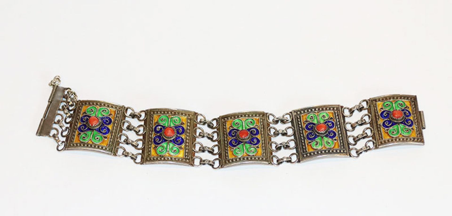 Silber geprüftes Armband mit farbigem Emaildekor und Koralle, 33 gr., L 18 cm
