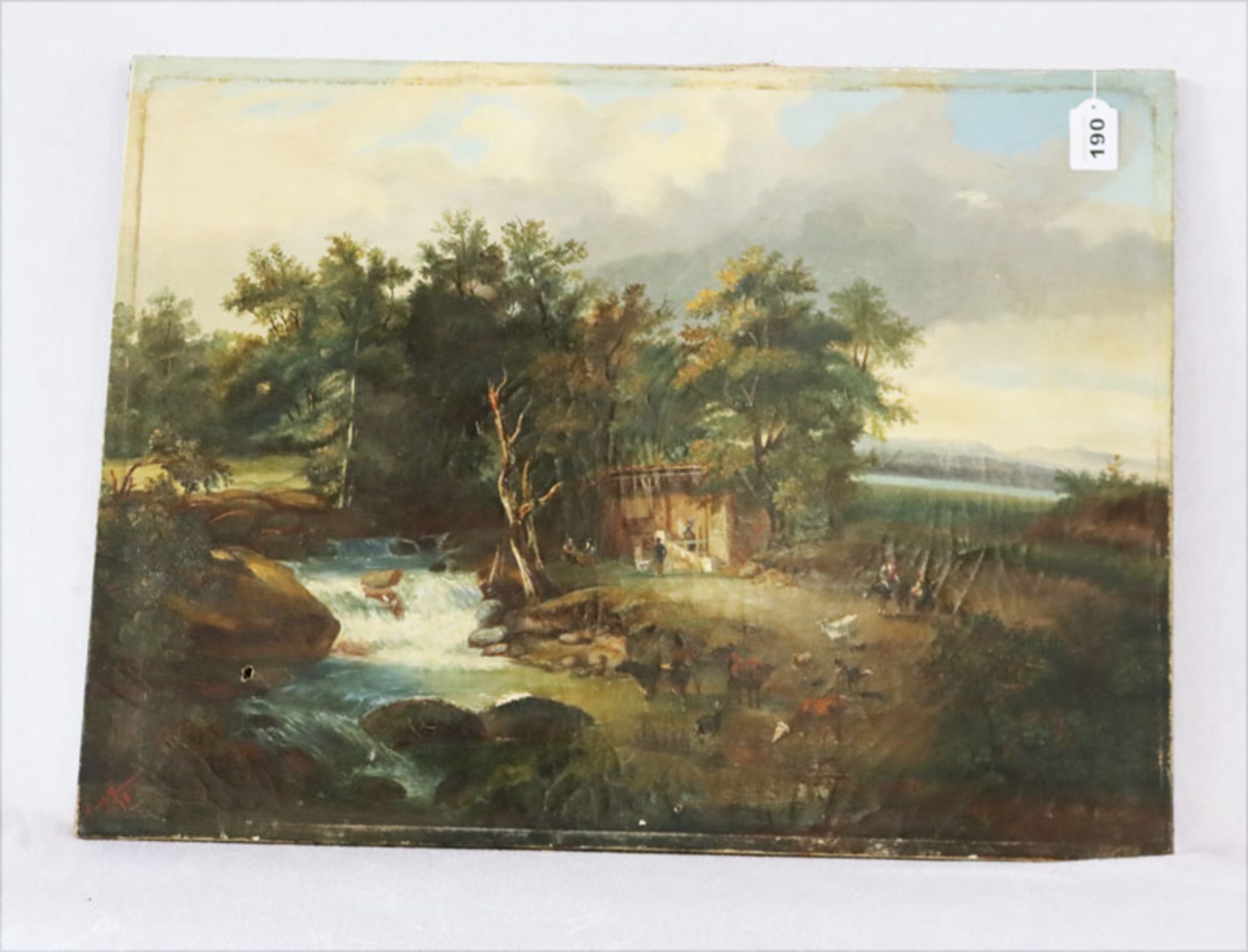 Gemälde ÖL/LW 'Landschafts-Szenerie mit Bauern und Tieren am Flußlauf', signiert Marie Gar ...?