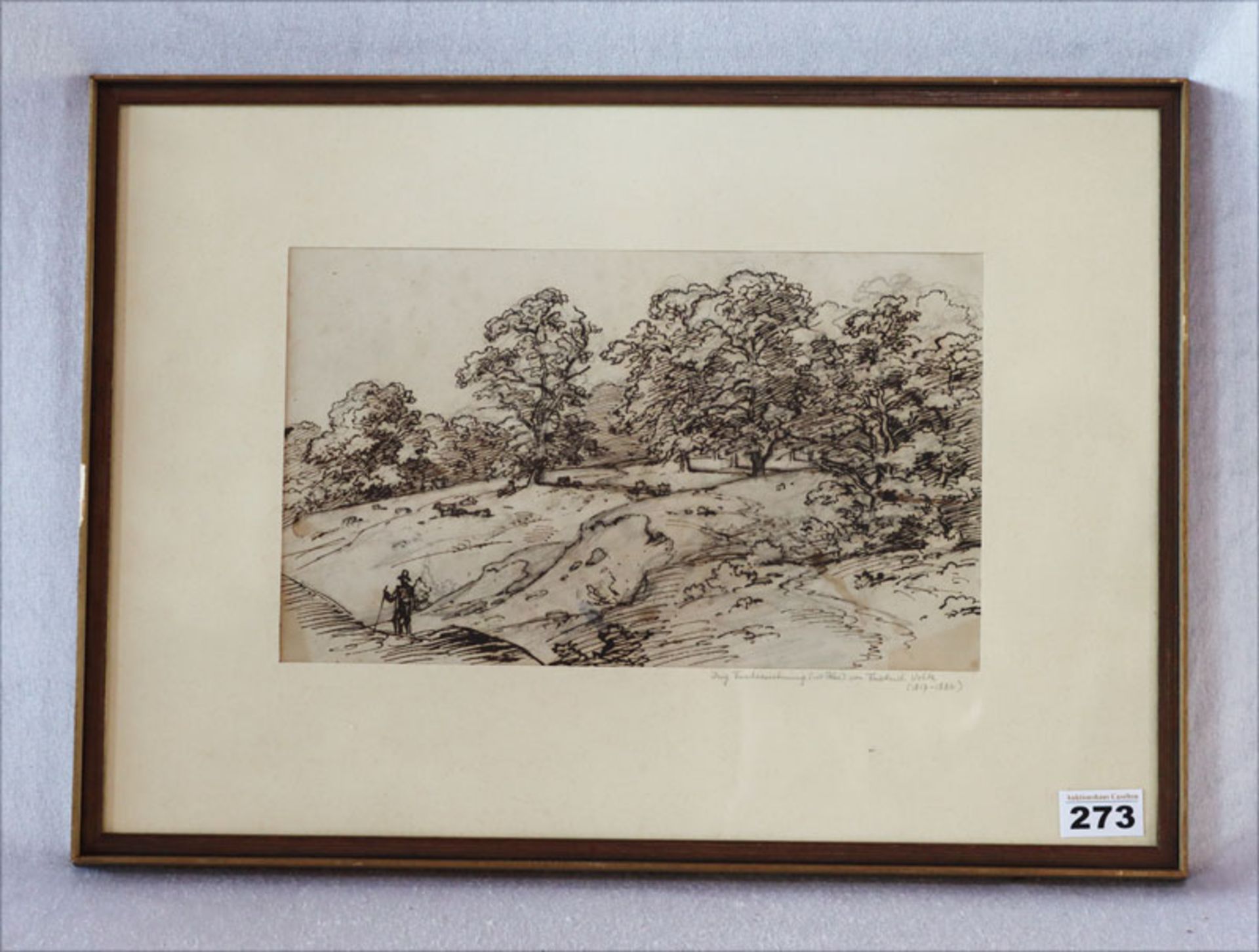 Original Tuschezeichnung (mit Blei), 'Landschafts-Szenerie', von Friedrich Voltz, * 1817 + 1886, auf